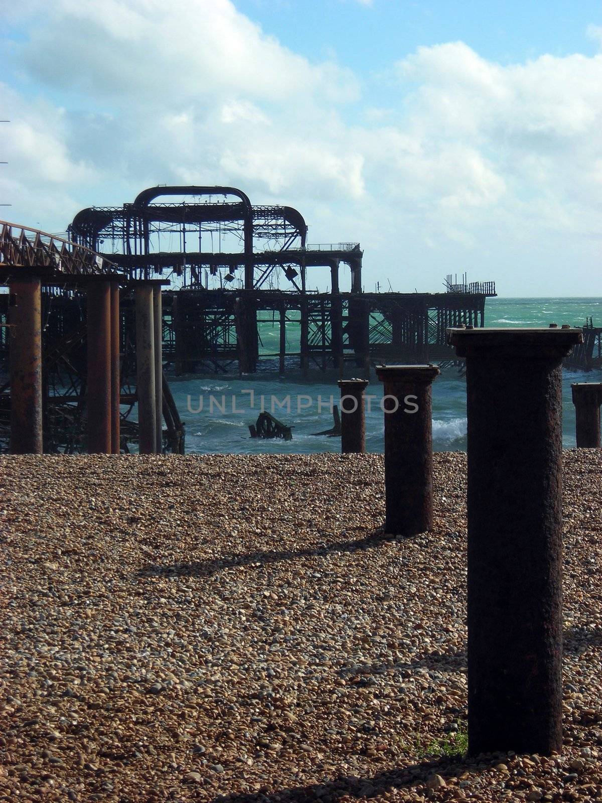 View of the burned pier of Brighton, East Sussex.