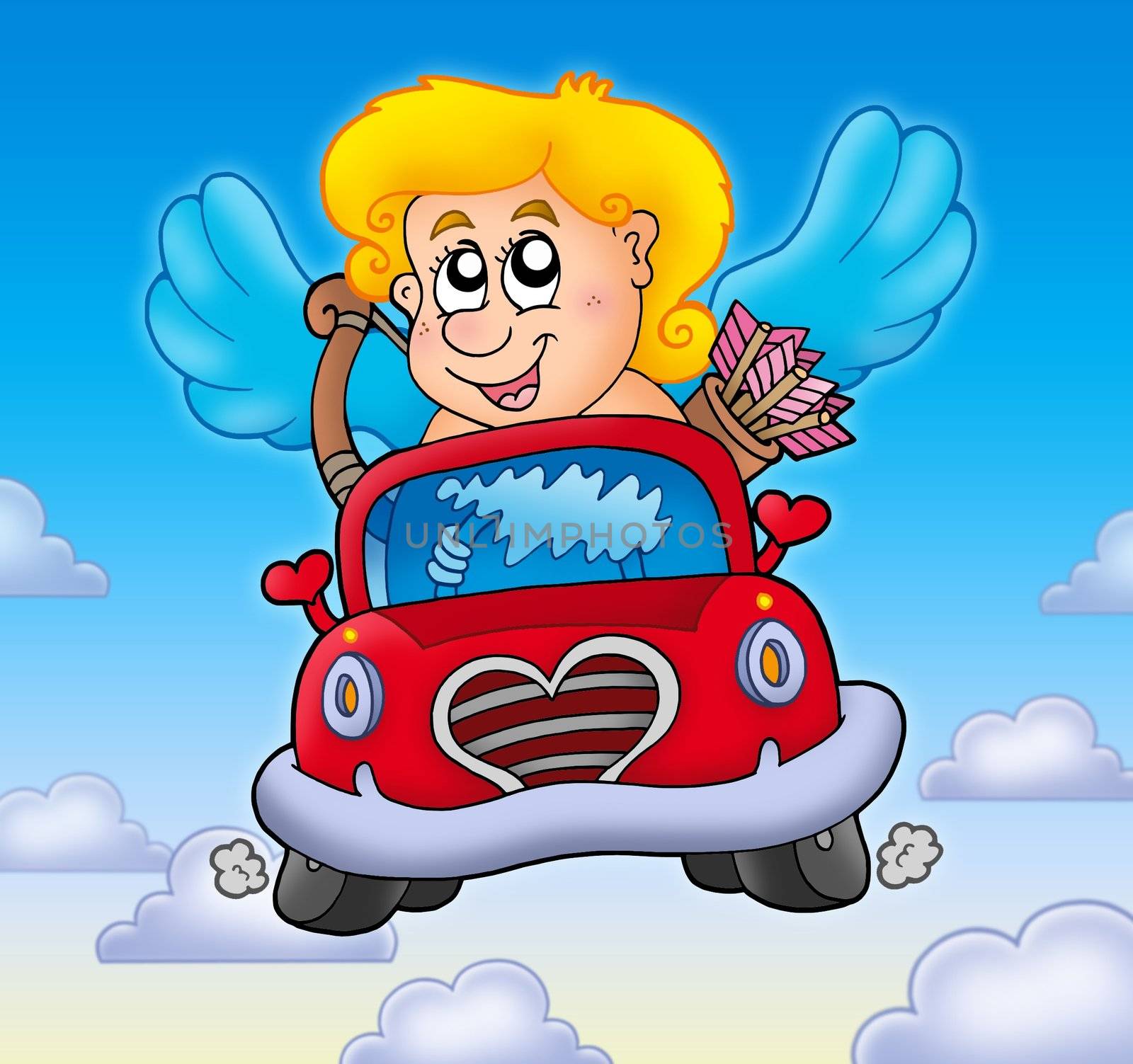 Cupid in red car on sky by clairev