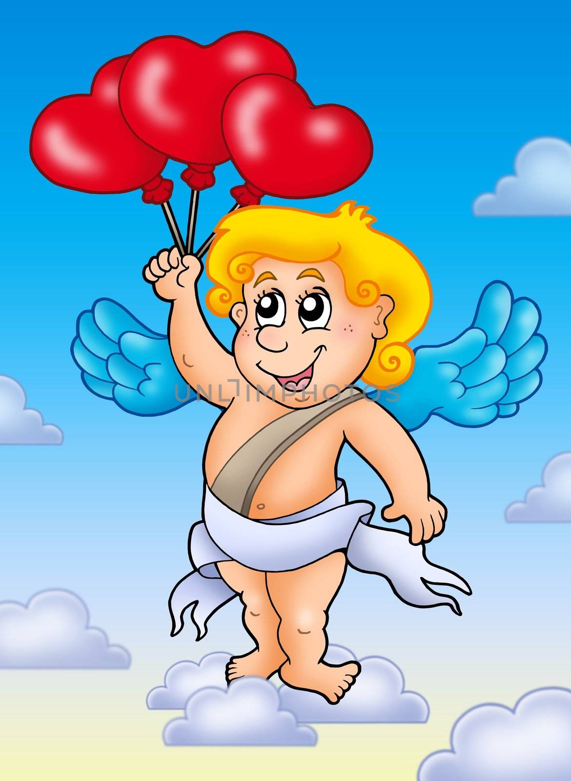 Cupid with balloons on blue sky - color illustration.