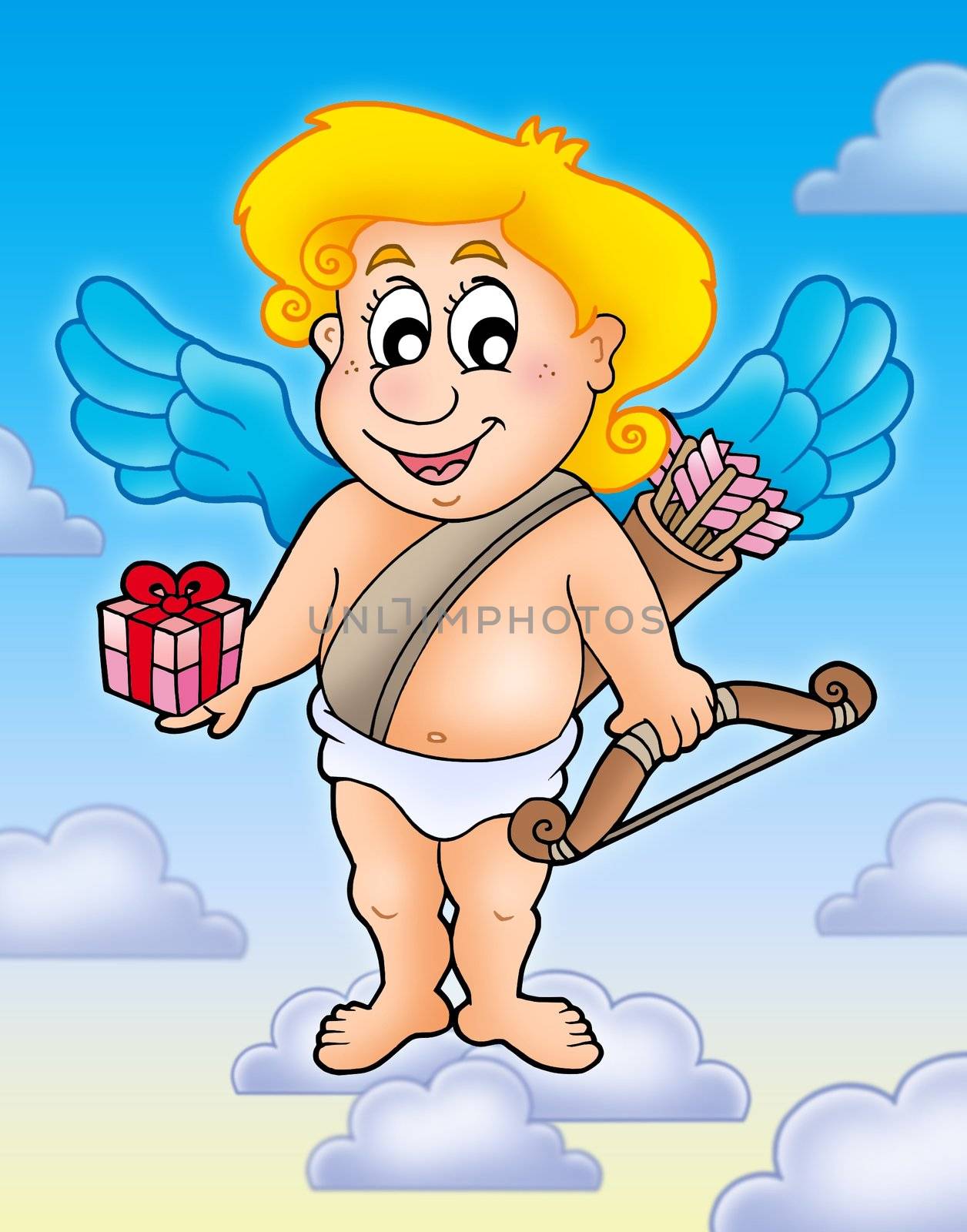 Cupid with gift on blue sky - color illustration.