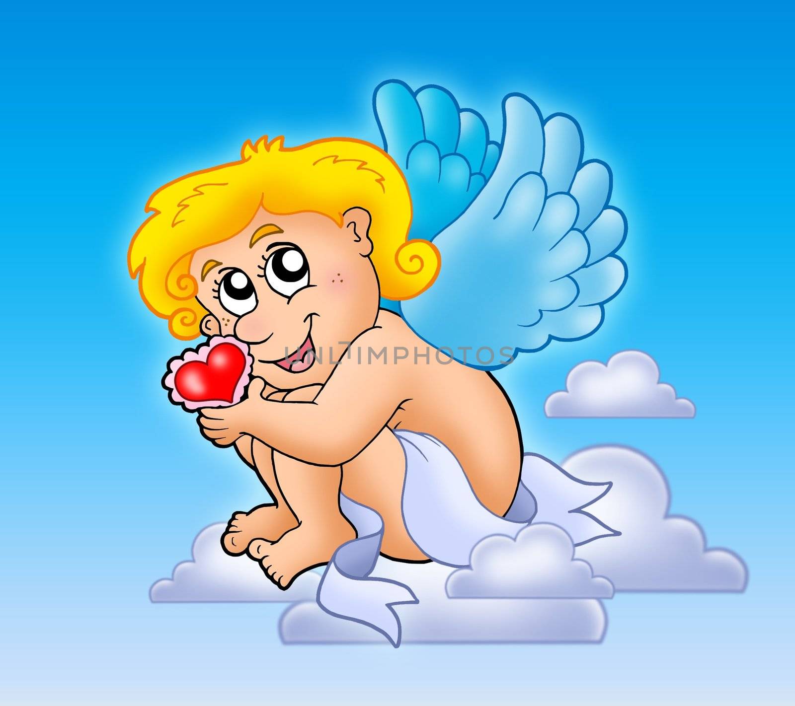 Cupid with heart on blue sky - color illustration.
