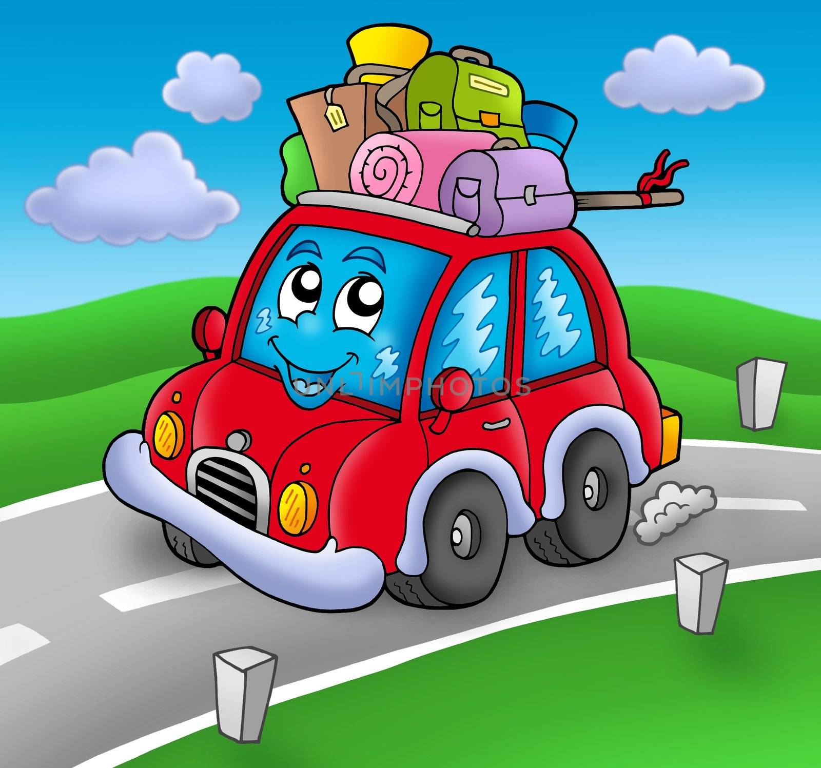 Cute car with baggage on road - color illustration.