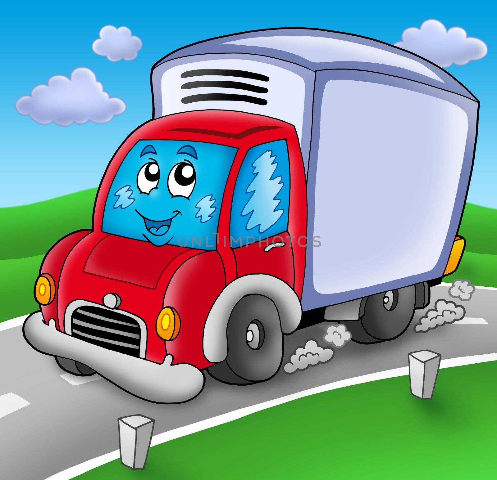 Cute delivery car on road - color illustration.