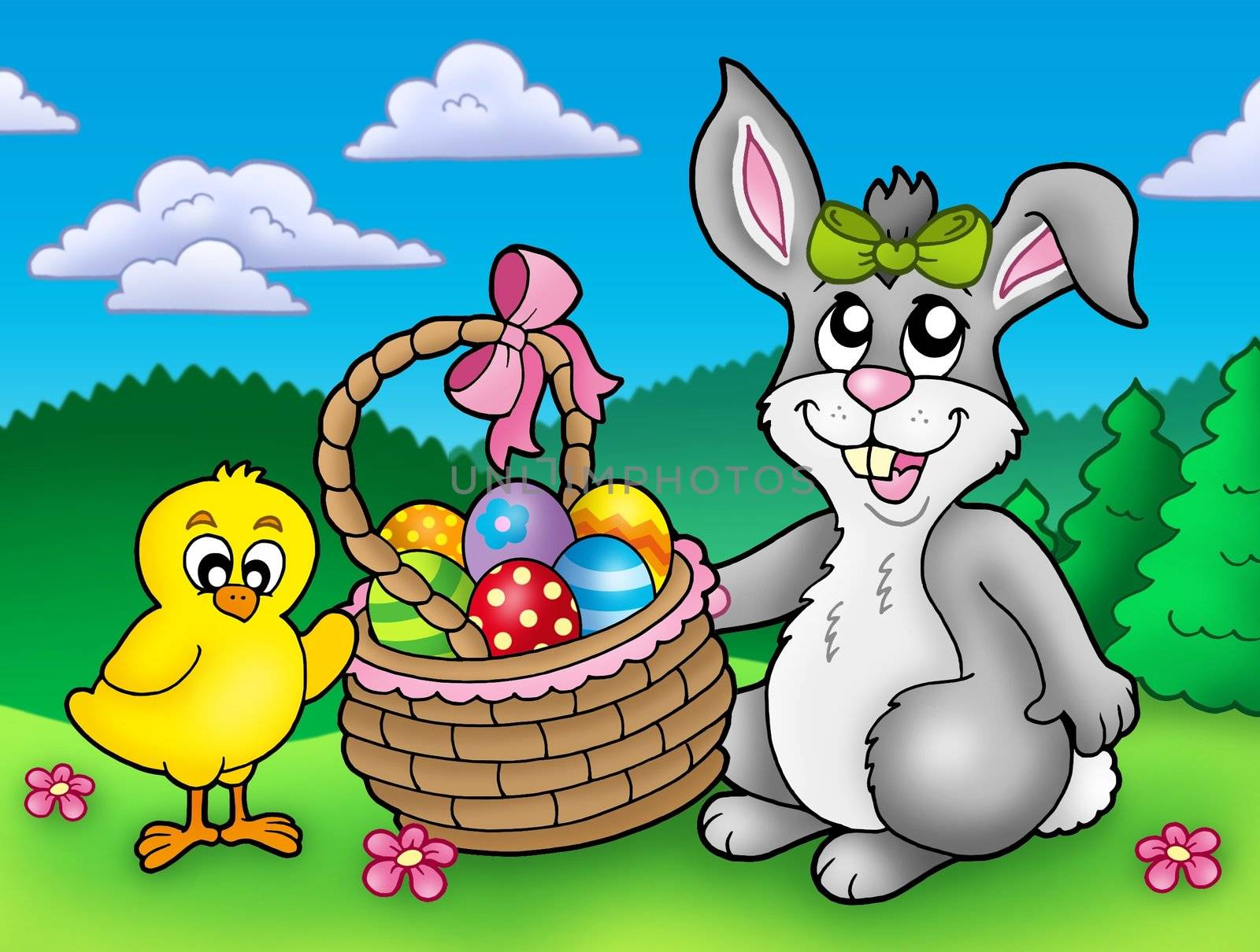 Cute Easter bunny and chicken - color illustration.