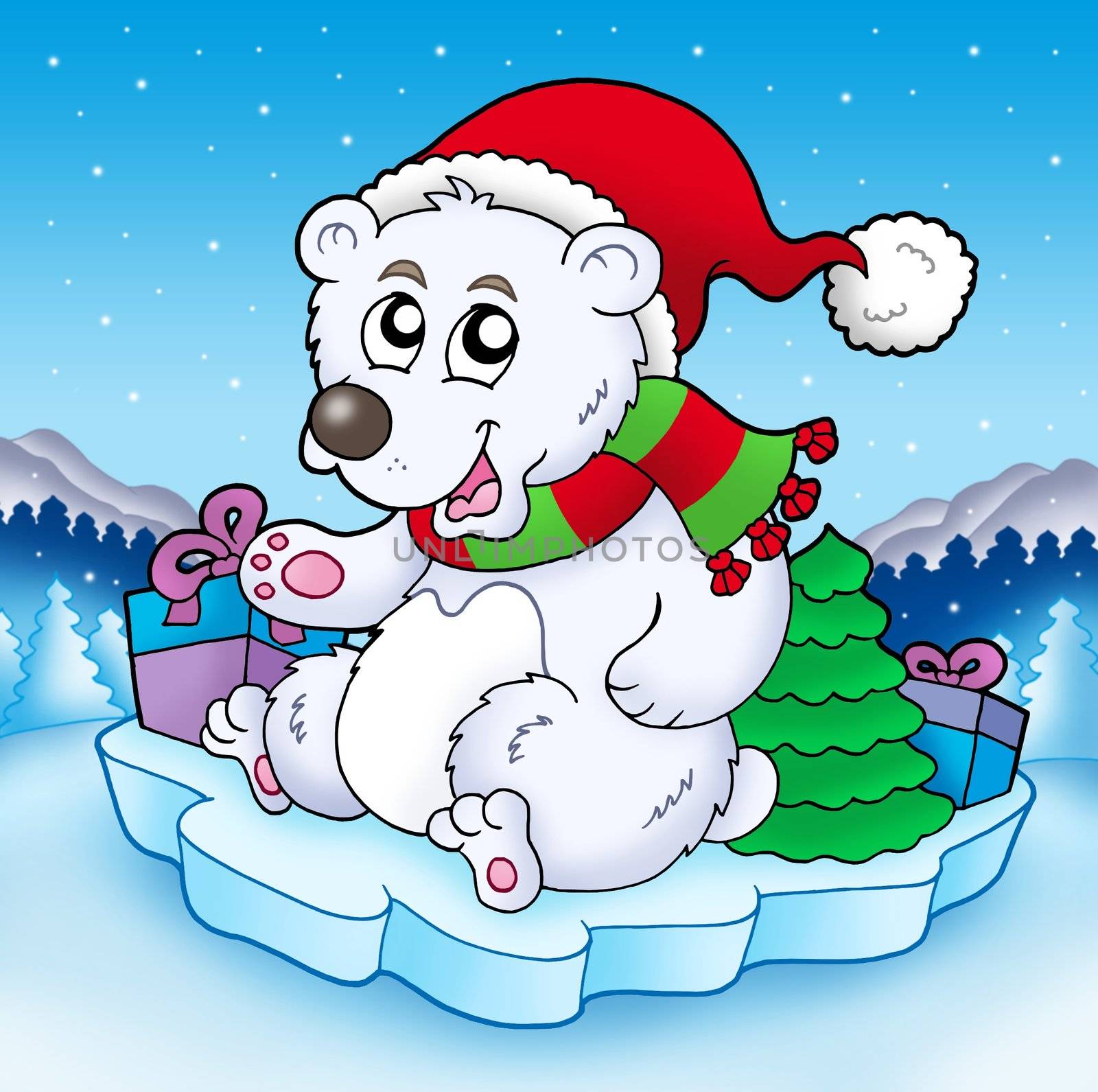 Cute Christmas bear with gifts - color illustration. 