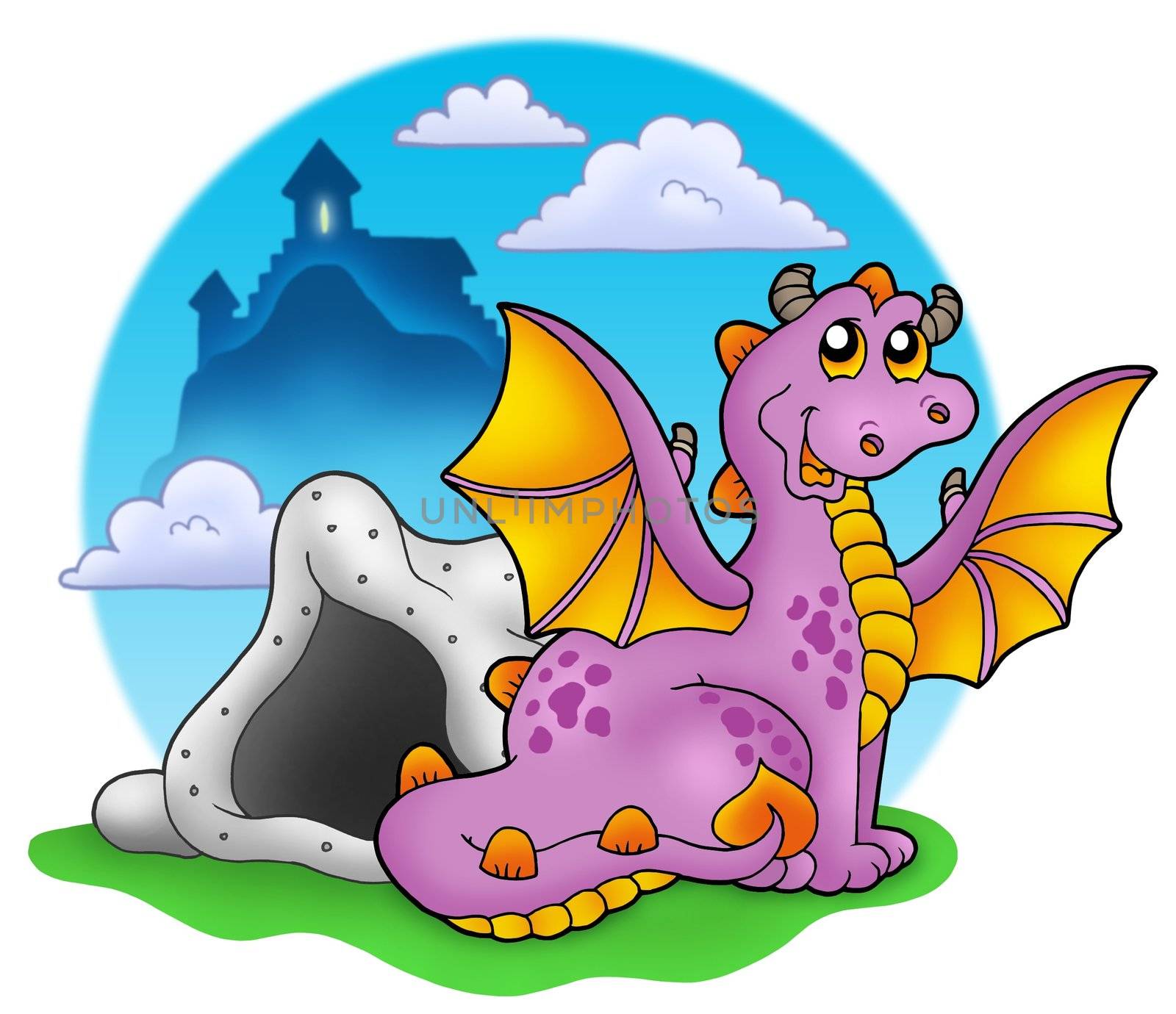 Dragon with cave and castle 2 - color illustration.
