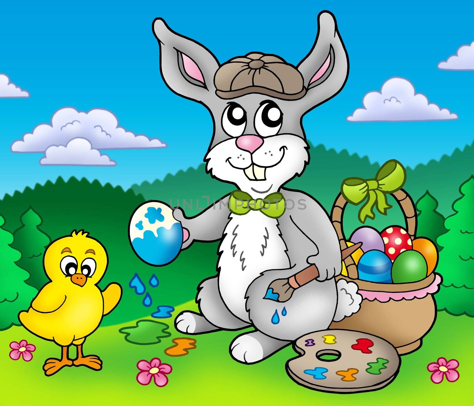 Easter bunny artist and chicken - color illustration.