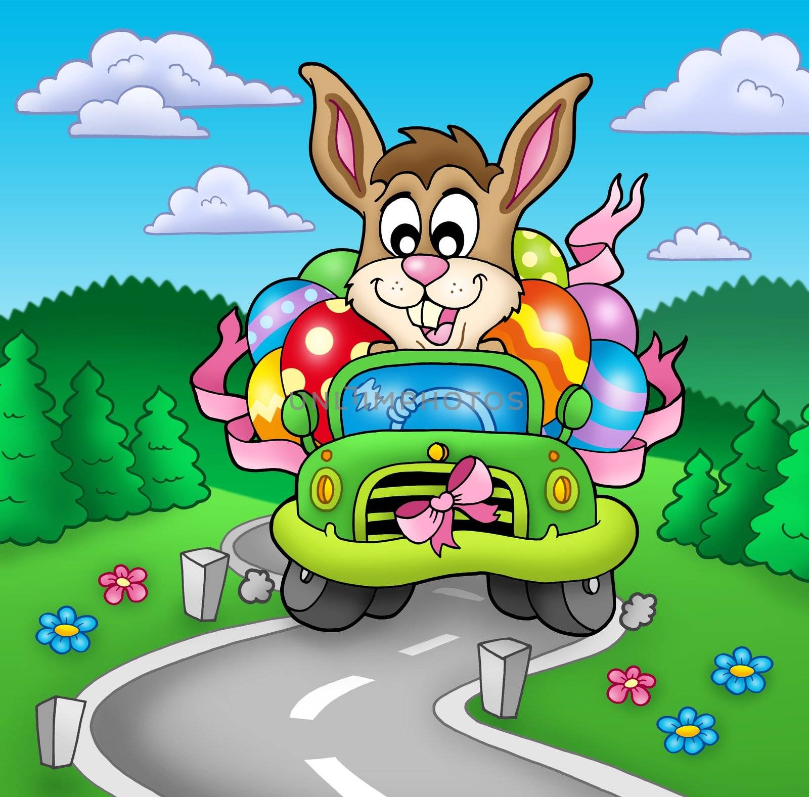 Easter bunny driving car on road - color illustration.