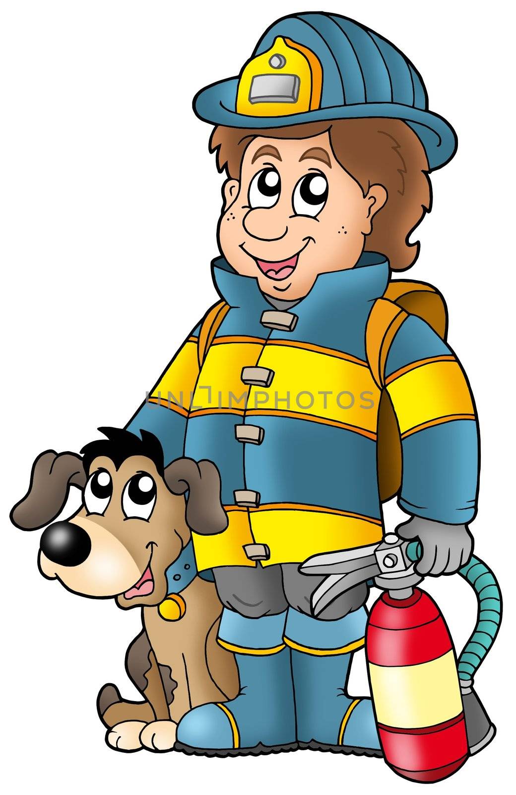 Firefighter with dog and extinguisher by clairev
