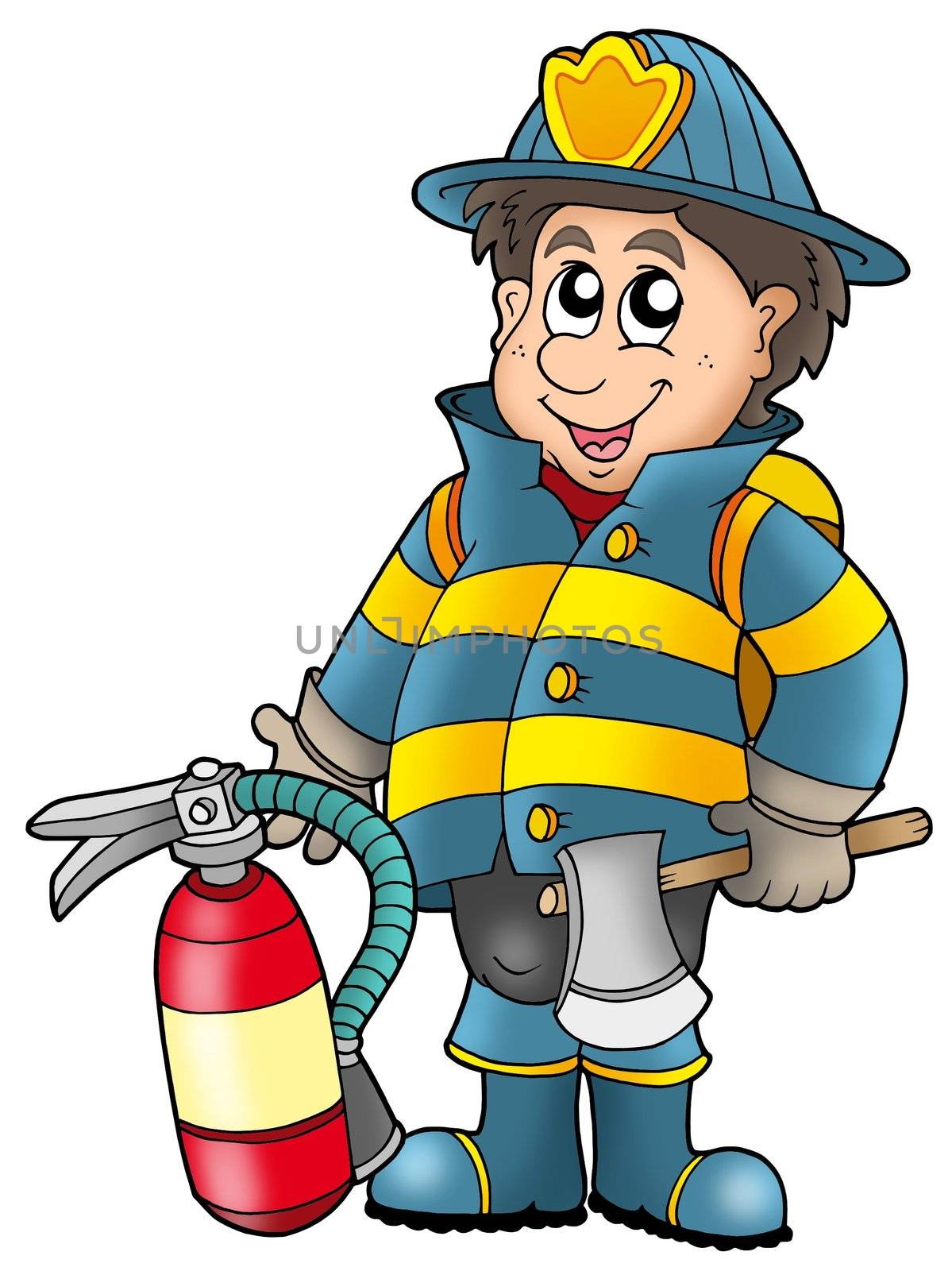 Fireman holding fire extinguisher - color illustration.