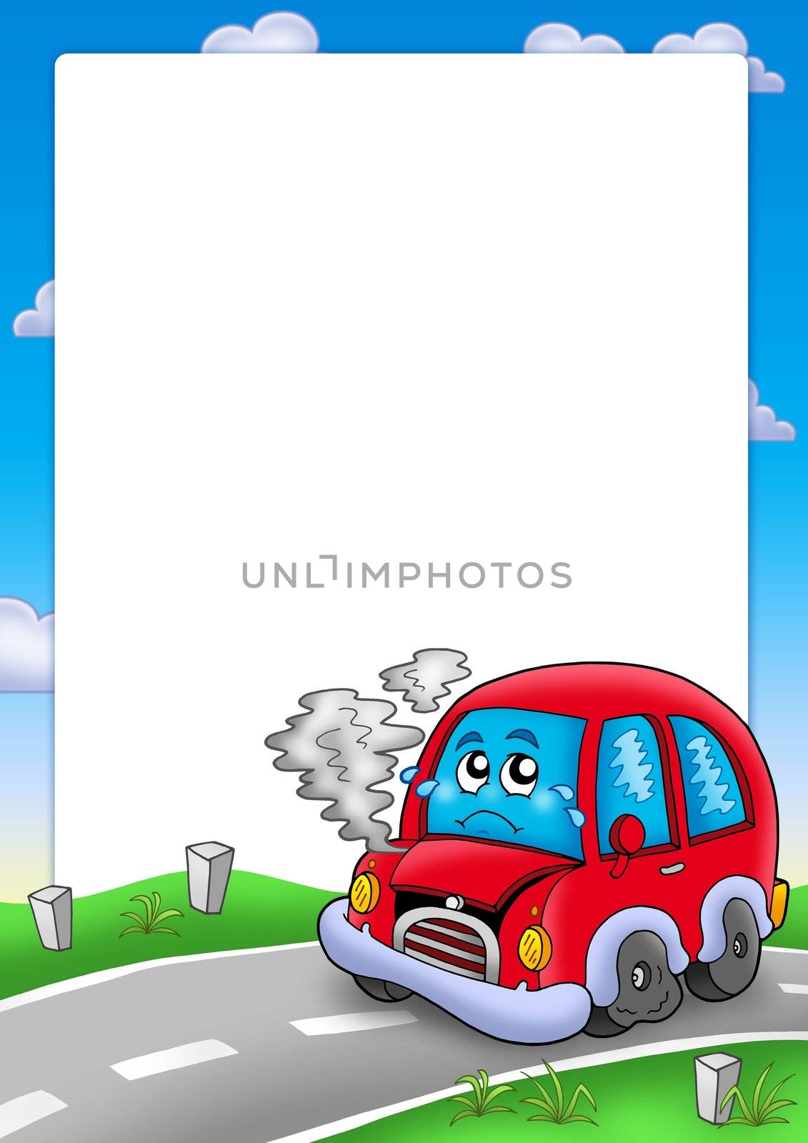 Frame with broken cartoon car - color illustration.