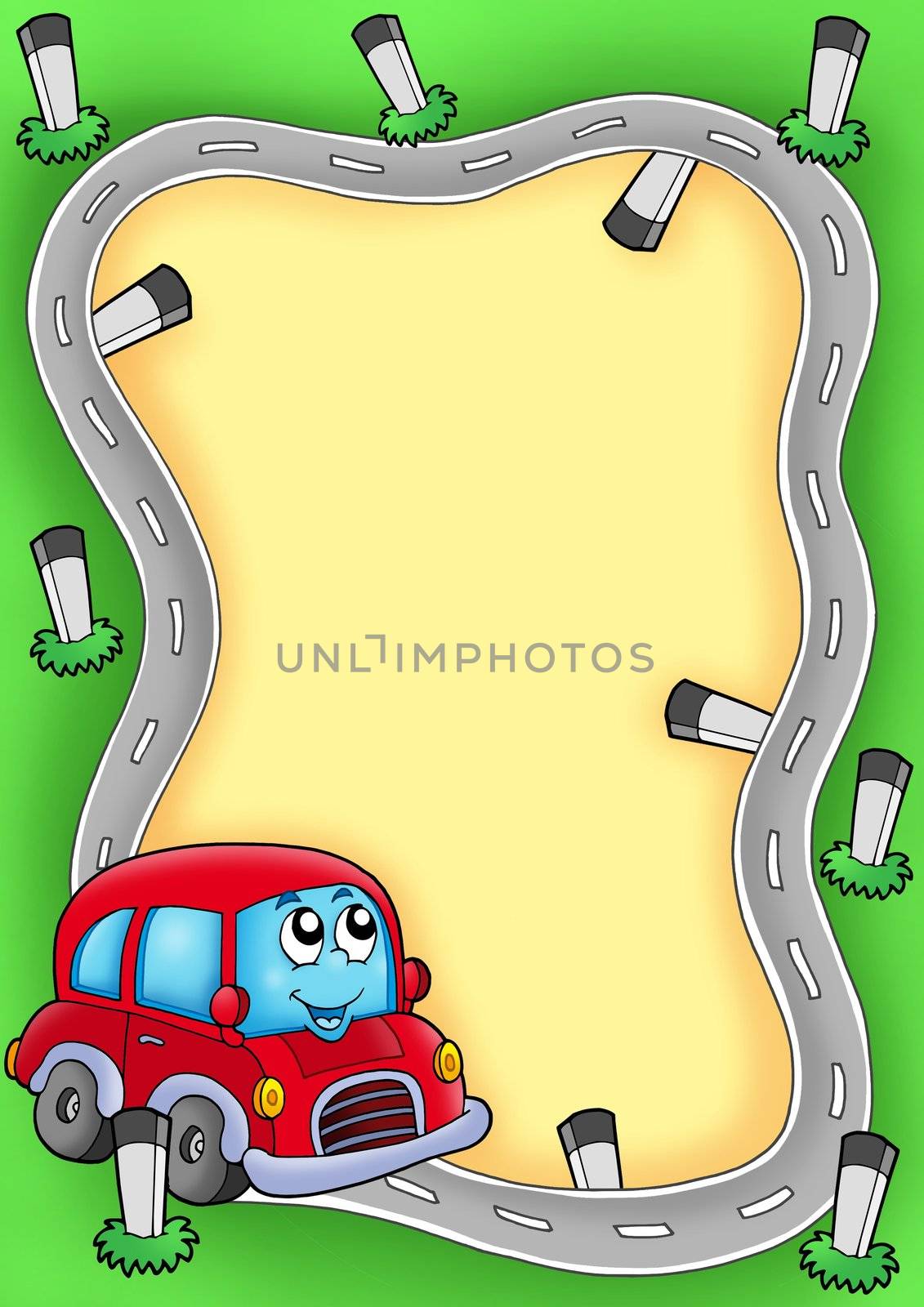 Frame with cartoon red car - color illustration.
