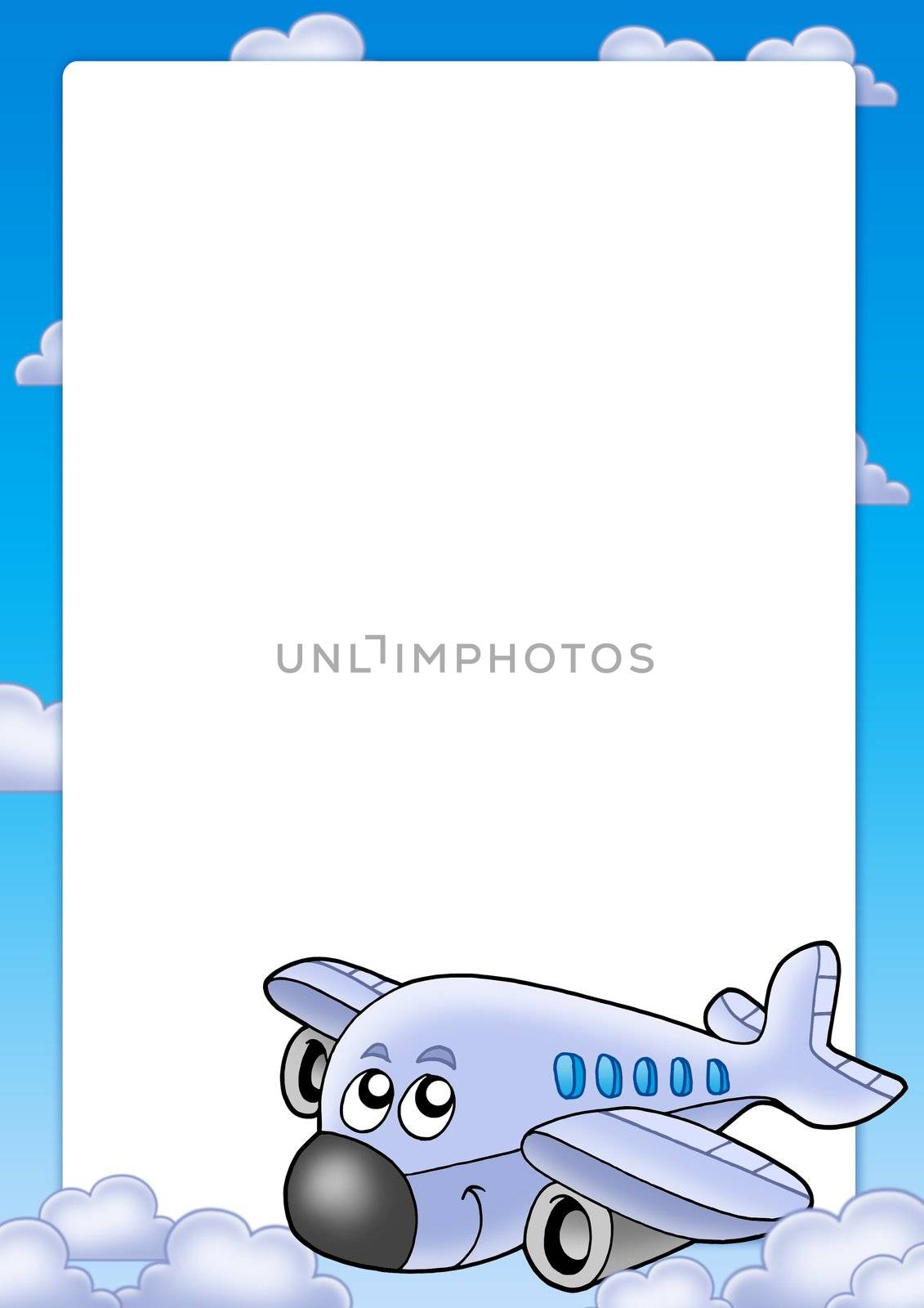 Frame with cute airplane and clouds - color illustration.