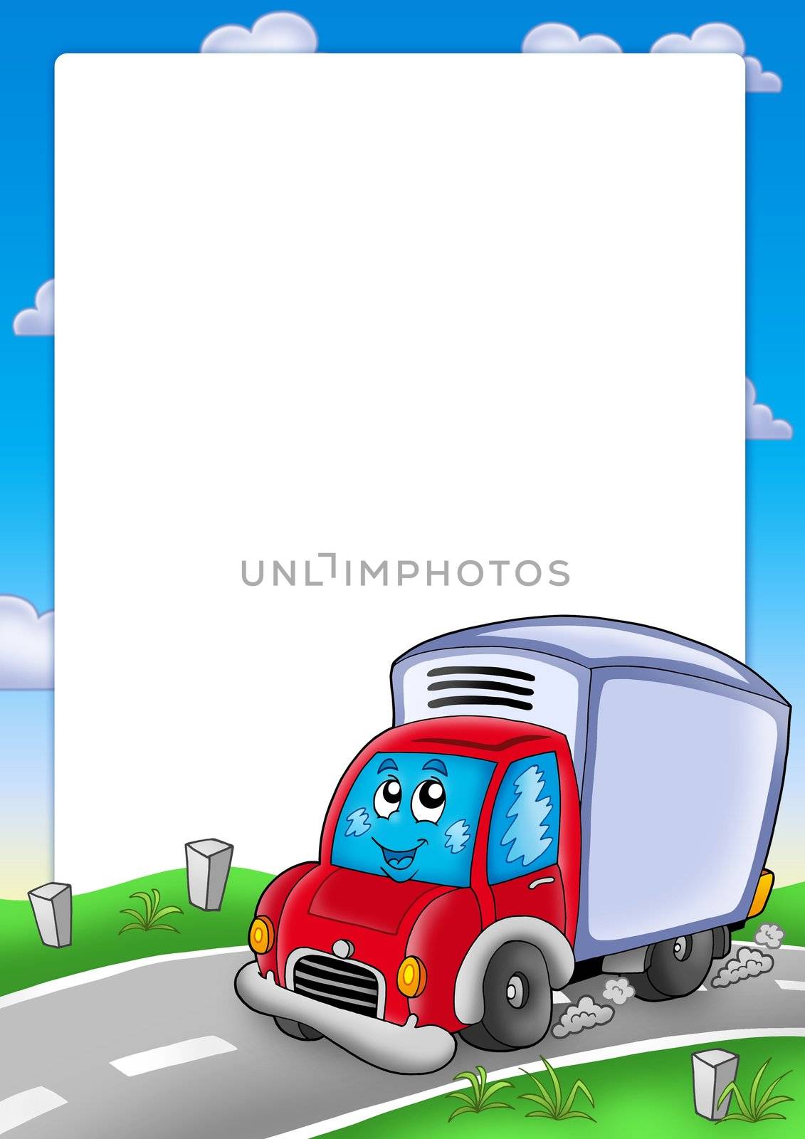 Frame with cute delivery car - color illustration.