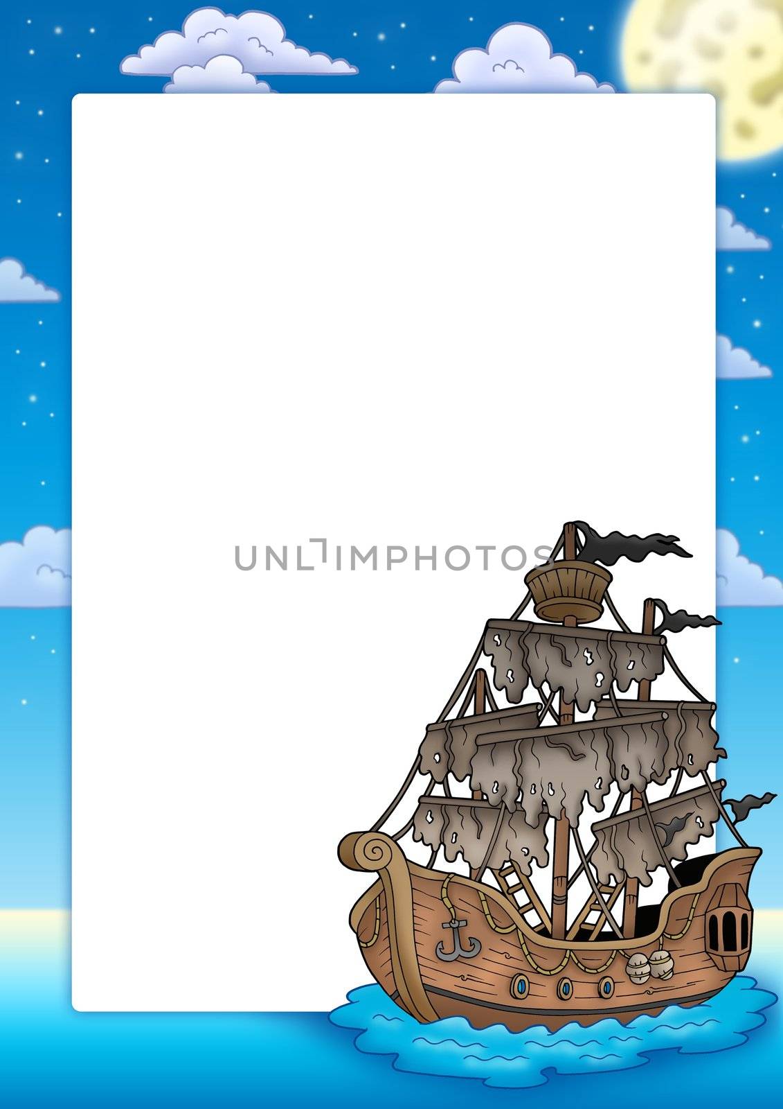 Frame with mysterious ship - color illustration.