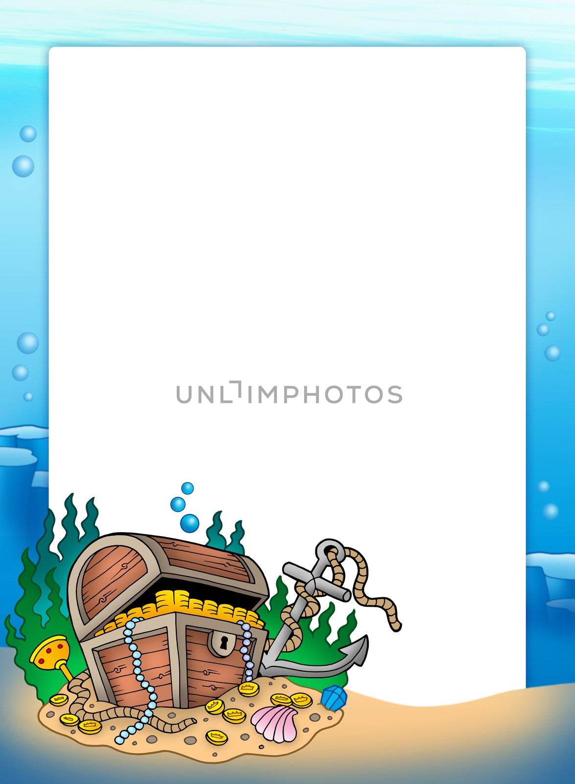 Frame with treasure chest in sea - color illustration.