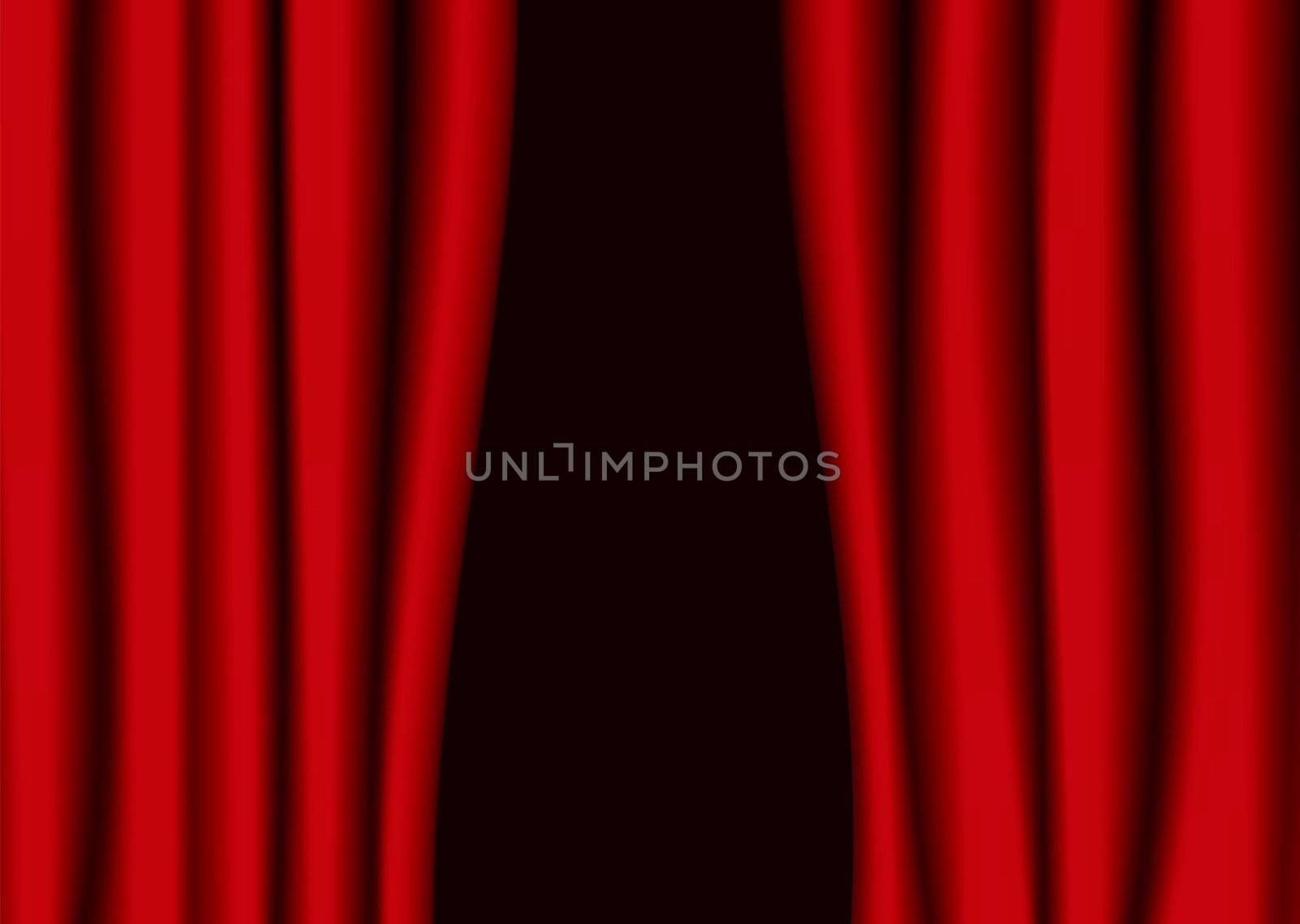 Red theater curtains partly open with black background