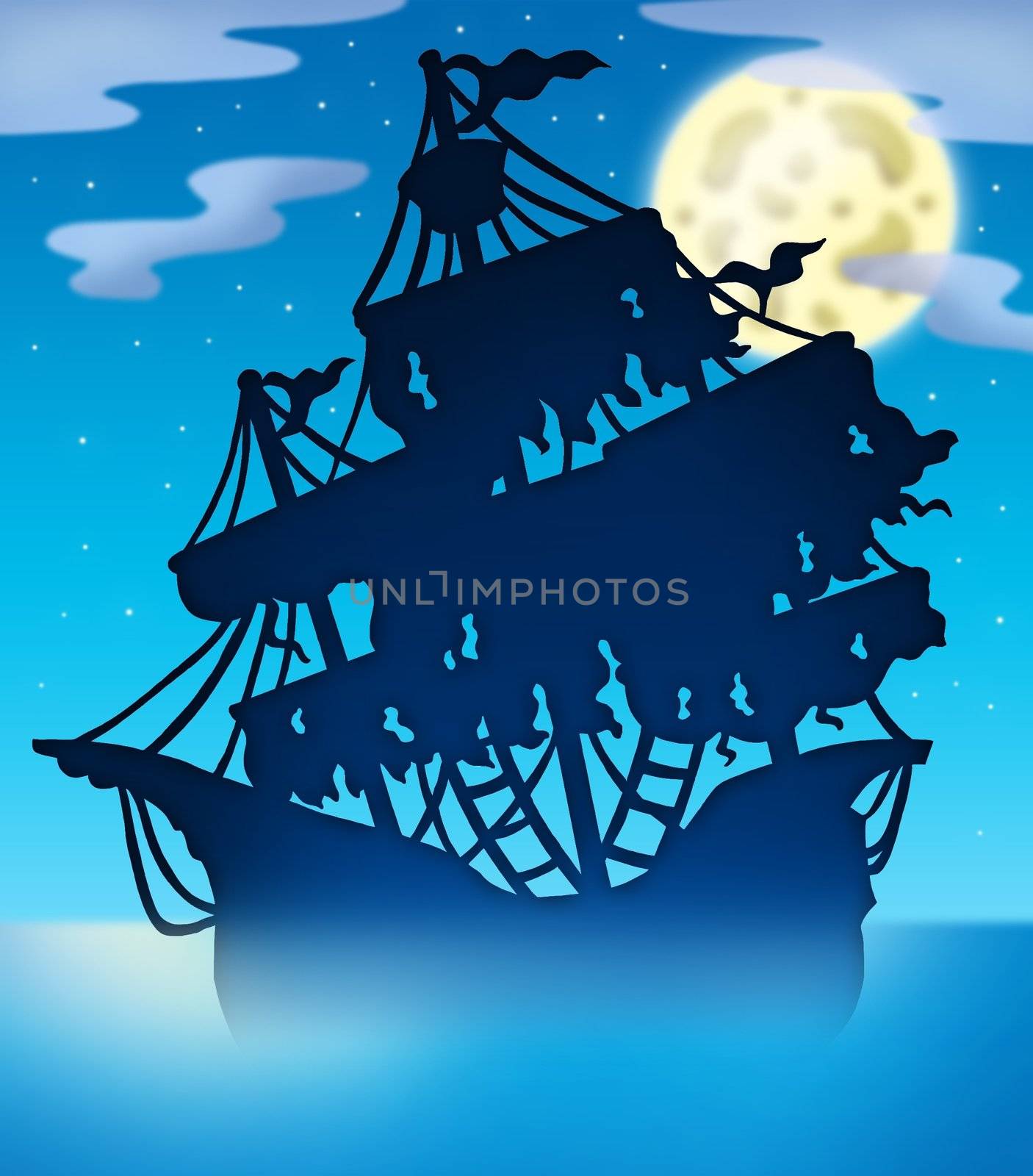 Mysterious ship silhouette at night - color illustration.