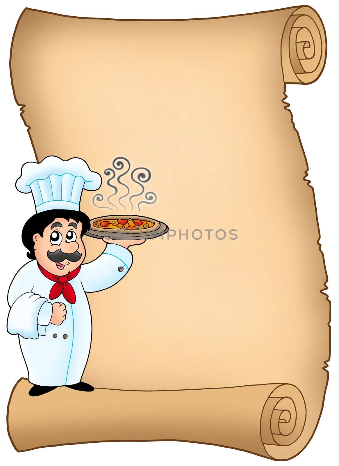 Scroll with chef holding pizza - color illustration.