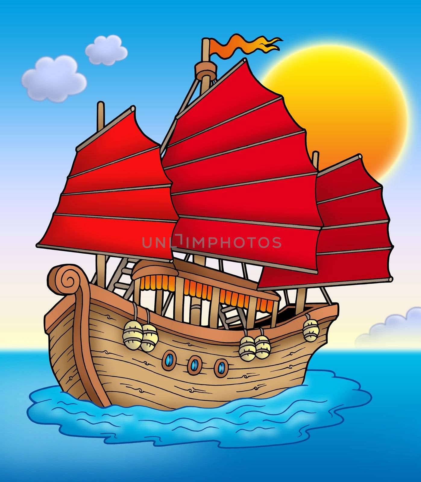 Traditional Chinese ship with sunset - color illustration.