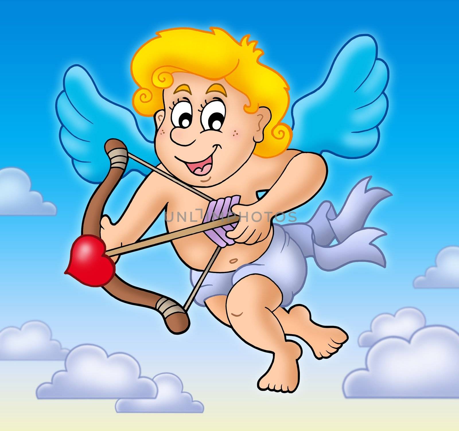 Valentine Cupid with bow on sky - color illustration.