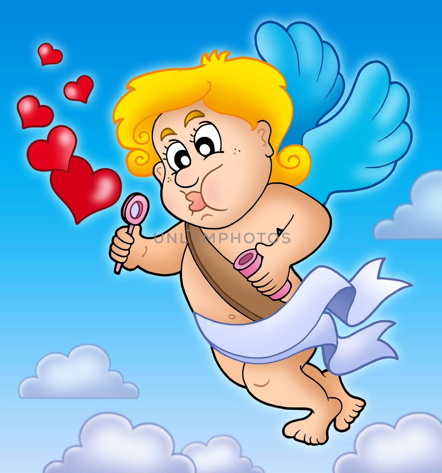 Valentine Cupid with bubble maker - color illustration.