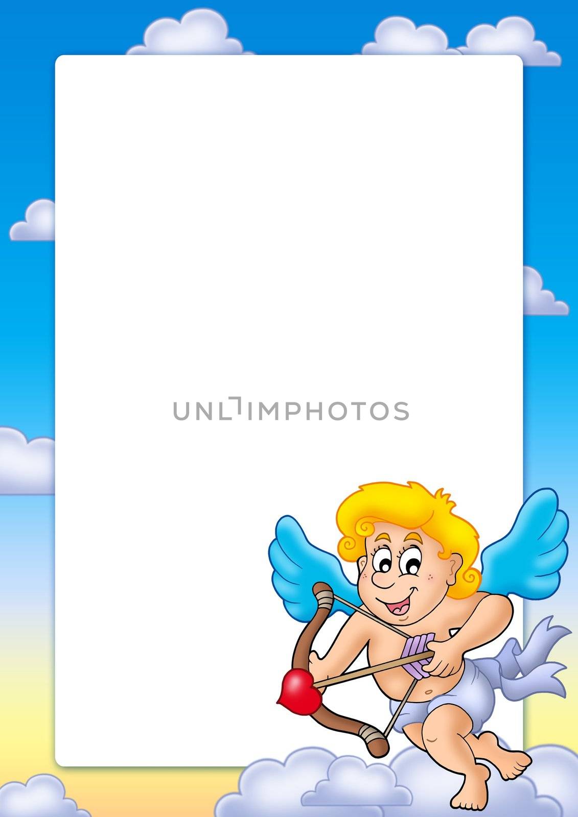 Valentine frame with happy Cupid 2 - color illustration.