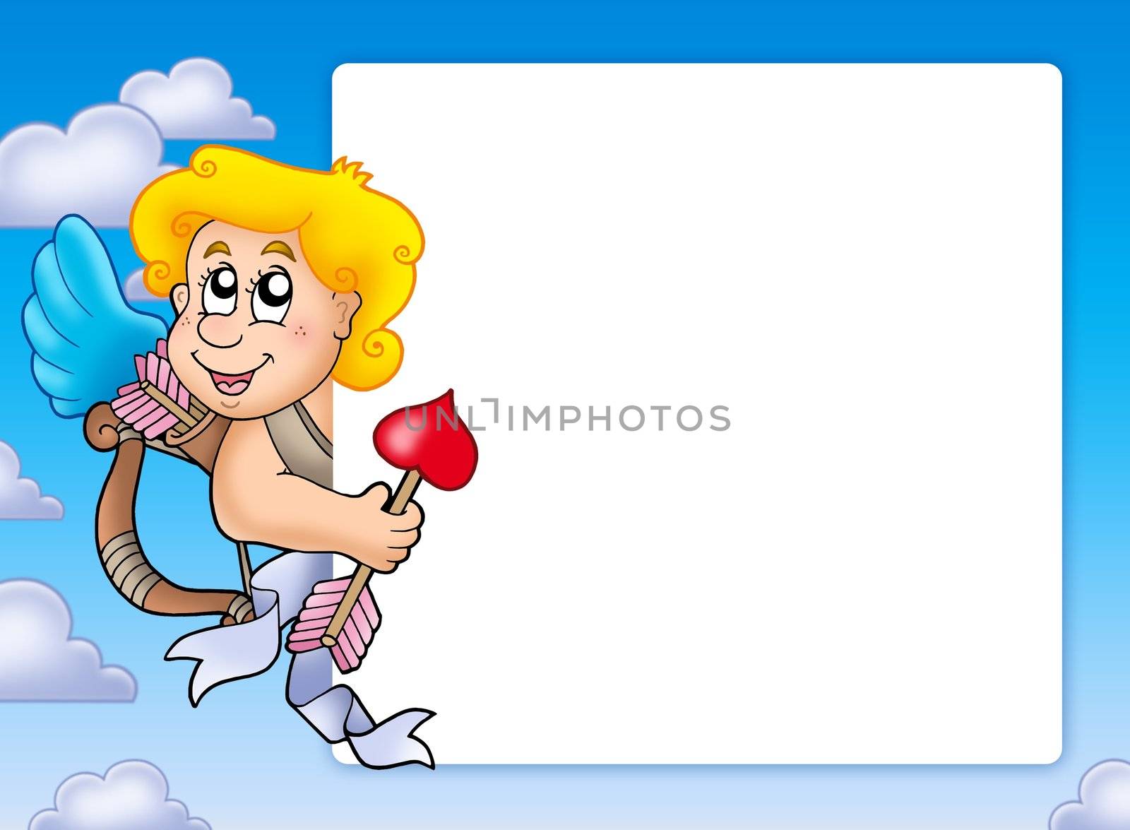 Valentine frame with happy Cupid 3 - color illustration.