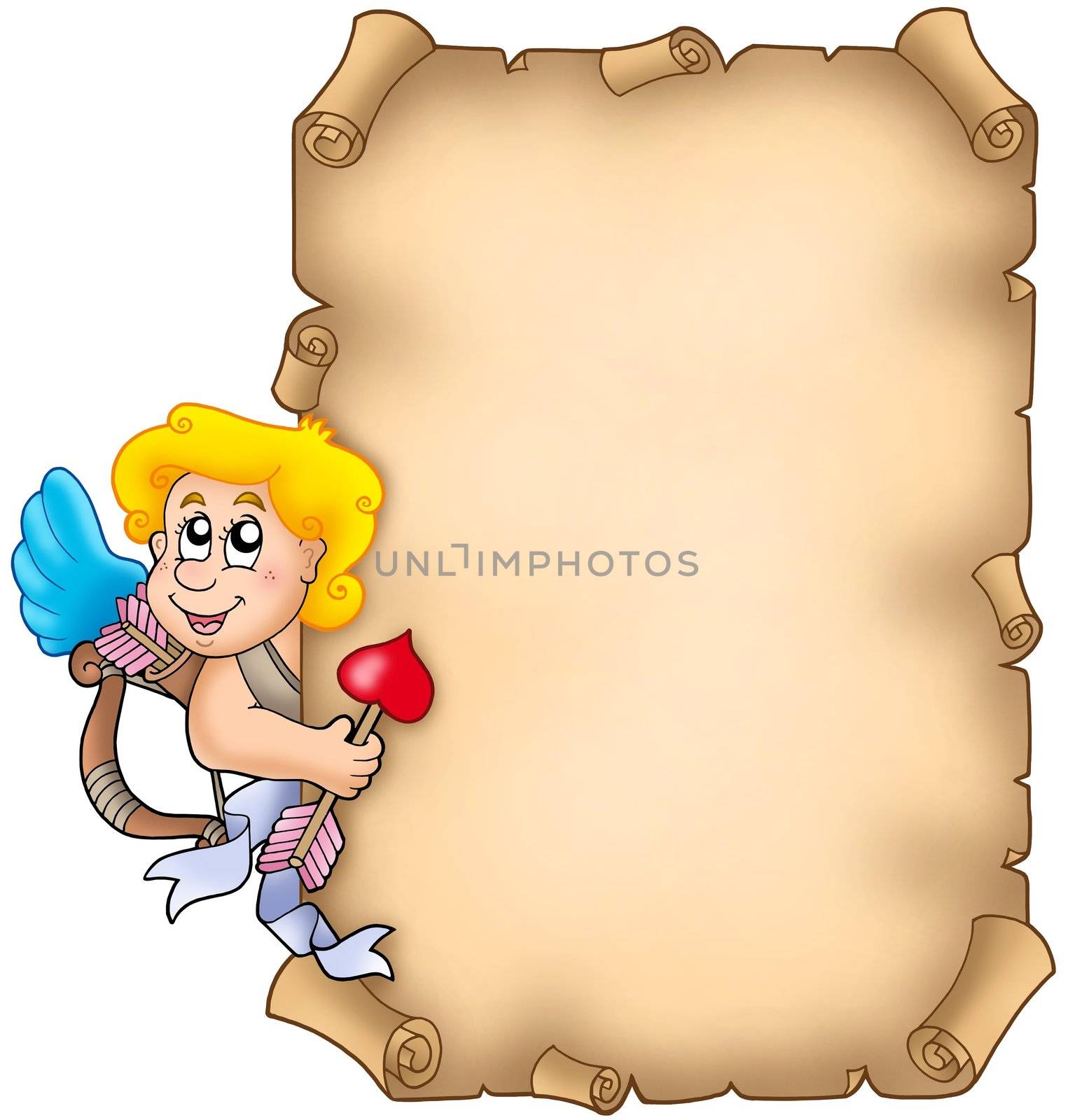 Valentine parchment with Cupid - color illustration.
