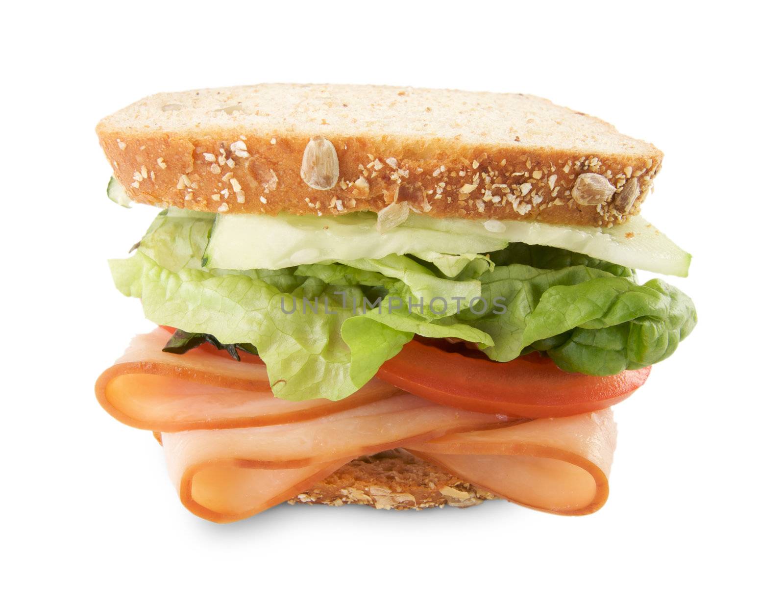 Hearty Sandwich Filled with Vegetables and Sliced Meat Isolated on White.