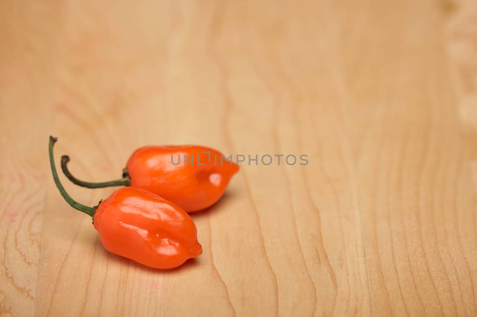 Two Orange Chili Peppers on a Wood Cutting Board. Room for Copy.