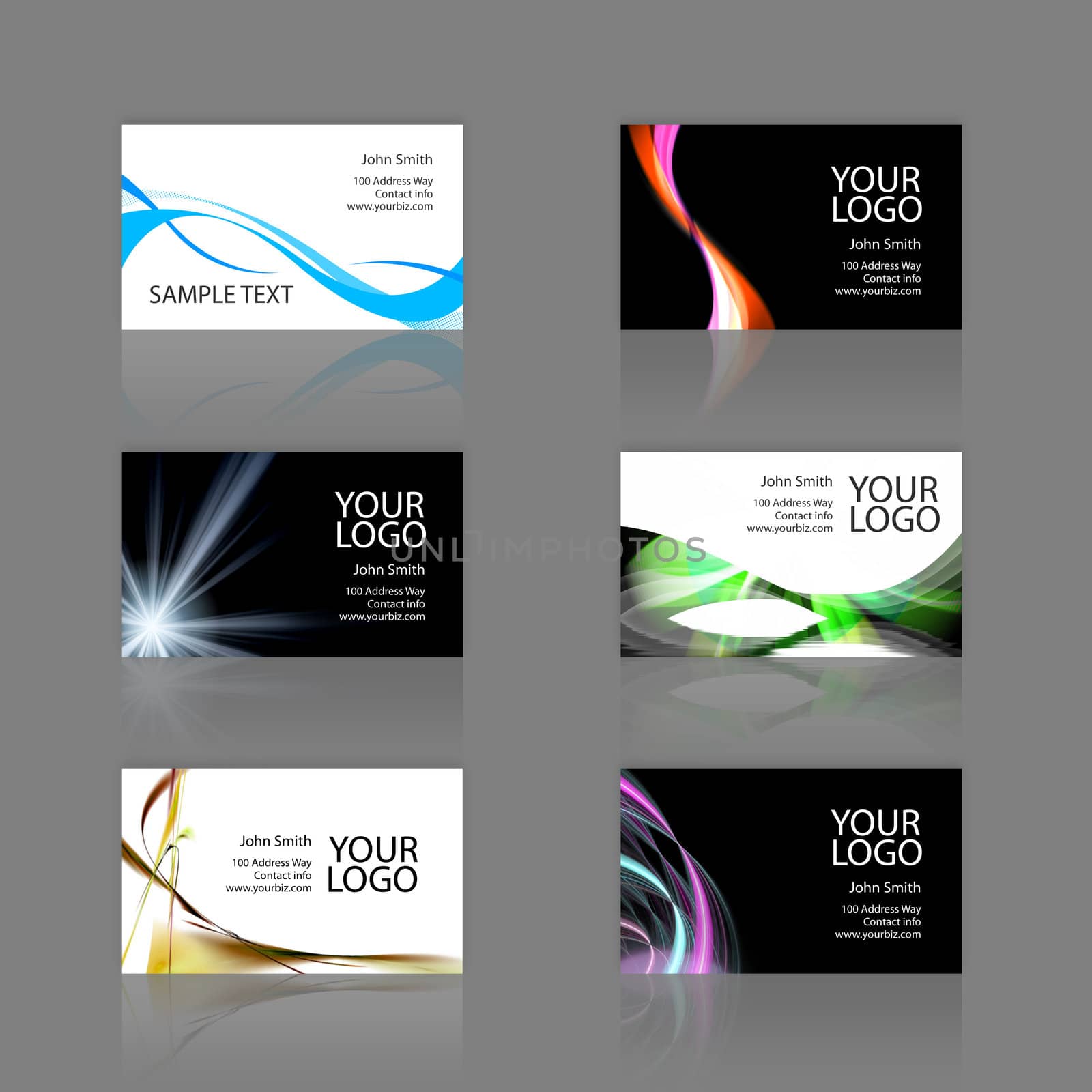 An assortment of 6 modern business card templates - print ready and fully customizable. These include .25 inch bleed. Cards are 3.75 x 2.25 total, and trim to the standard 3.5 x 2 size.