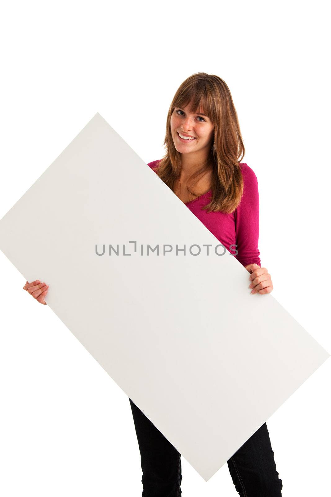 brunette girl holding a blank sign by bernjuer