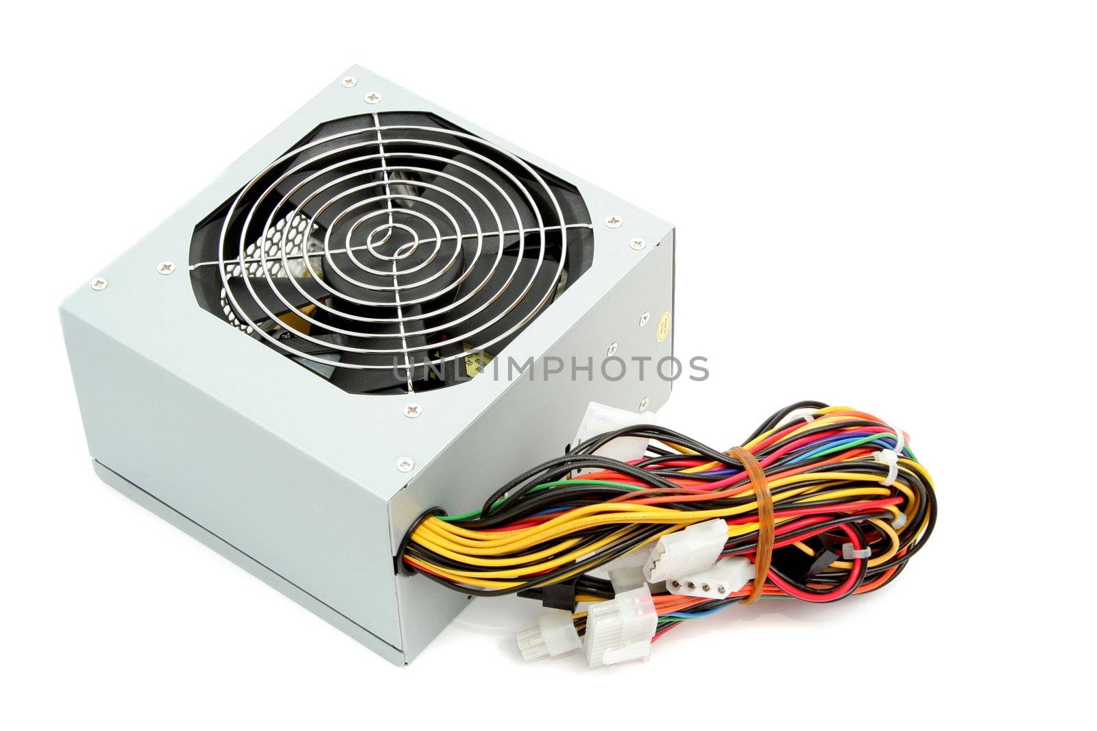 Computer power supply with fan and wires