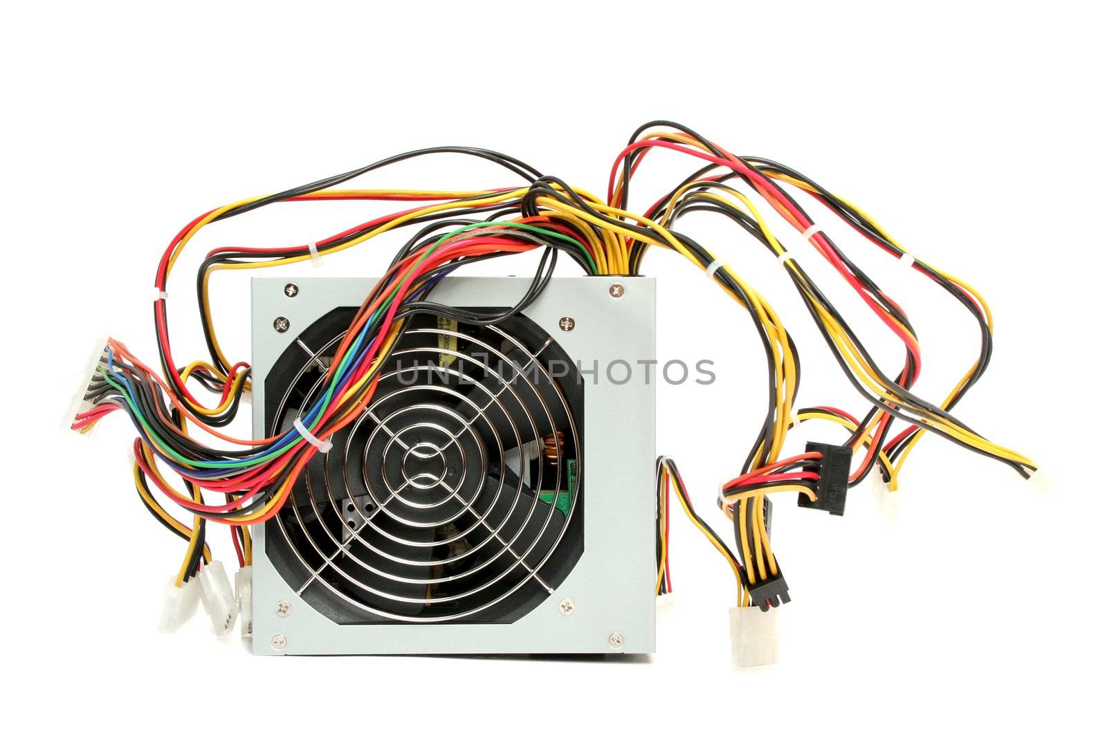 Computer power supply with fan and wires