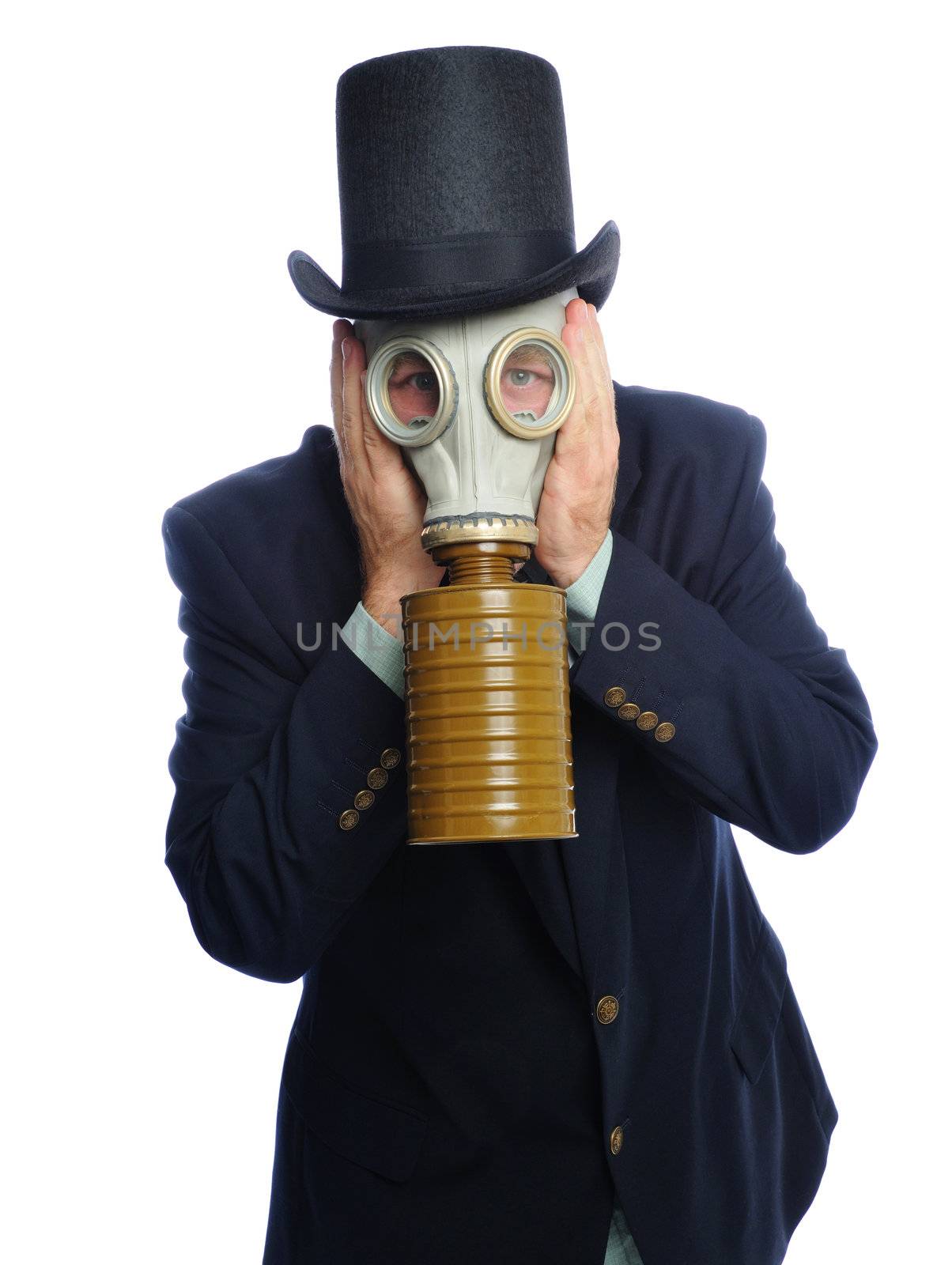 Man wearing a suit and gas mask on a white background