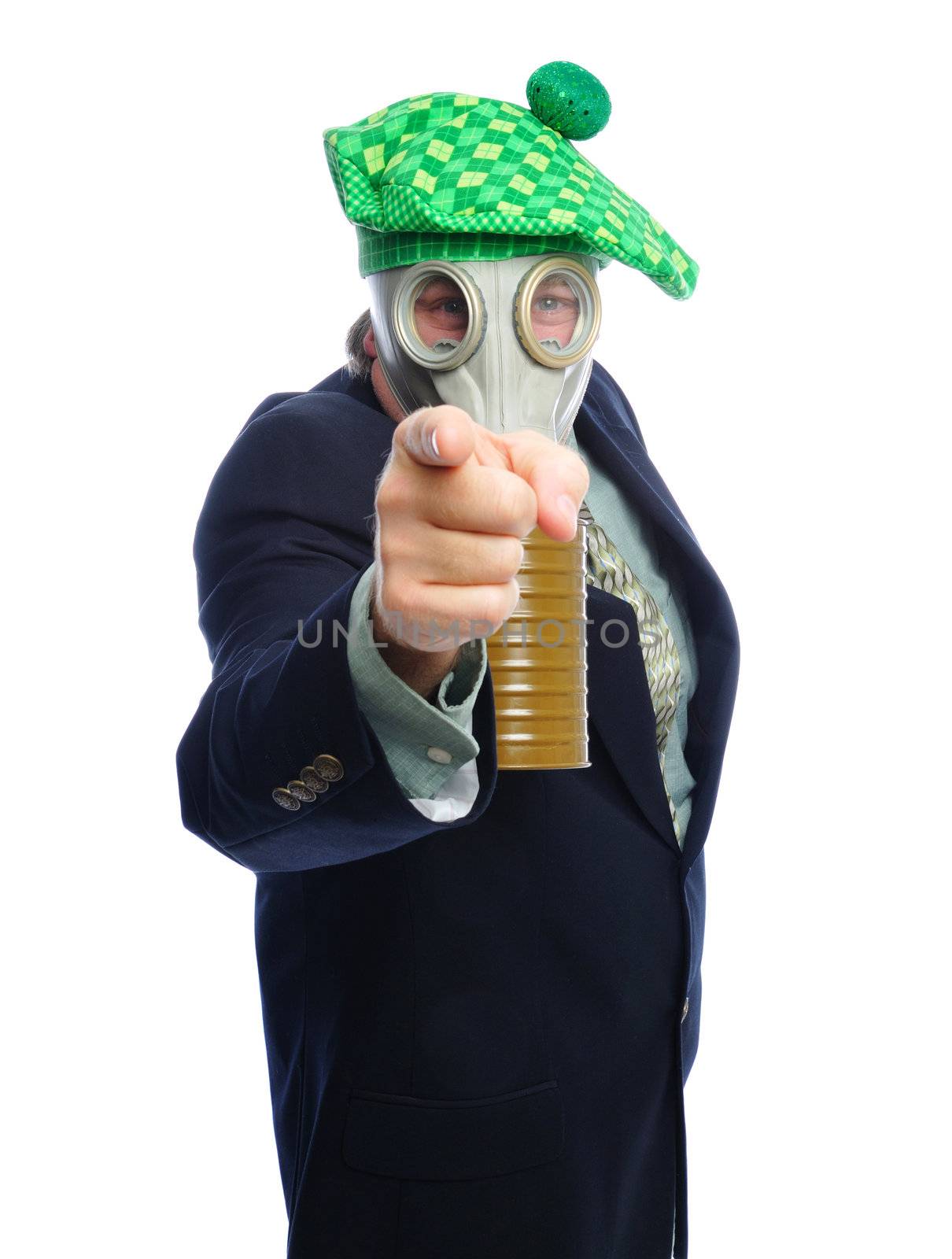 Man wearing a suit and gas mask on a white background