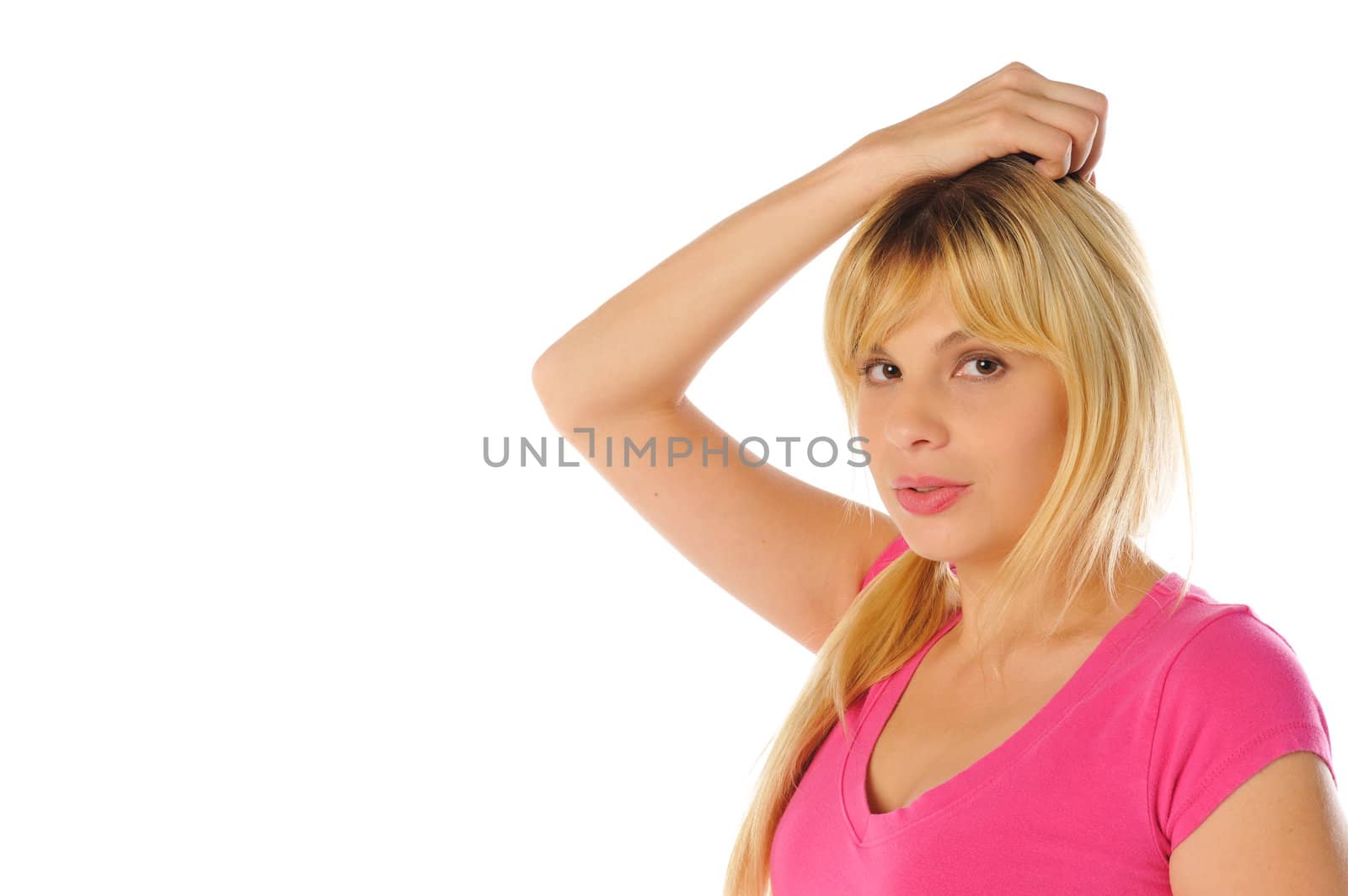 attractive young blonde woman on a  white background