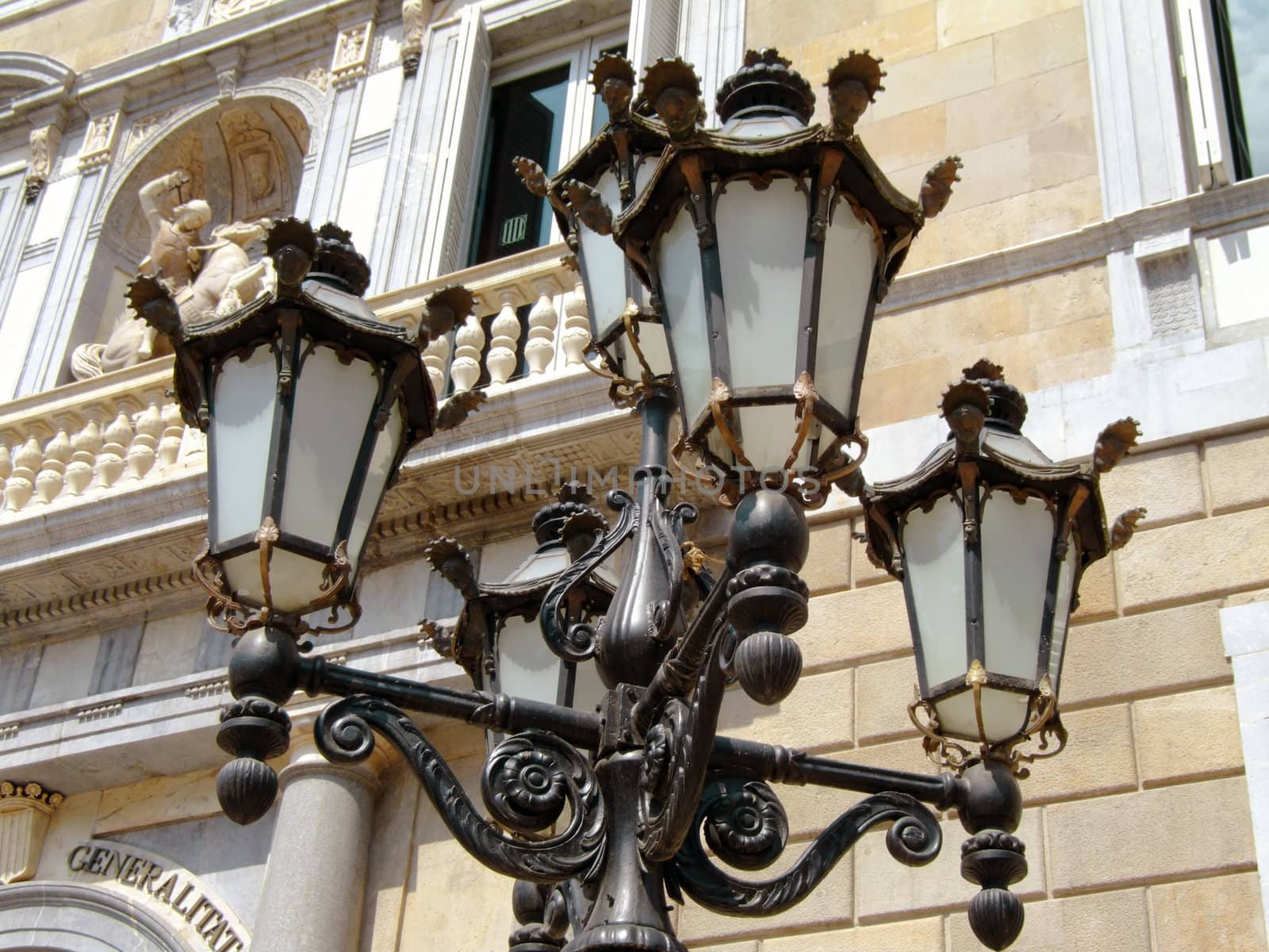 Close-up of a street lamp in the historical center of Barcelona