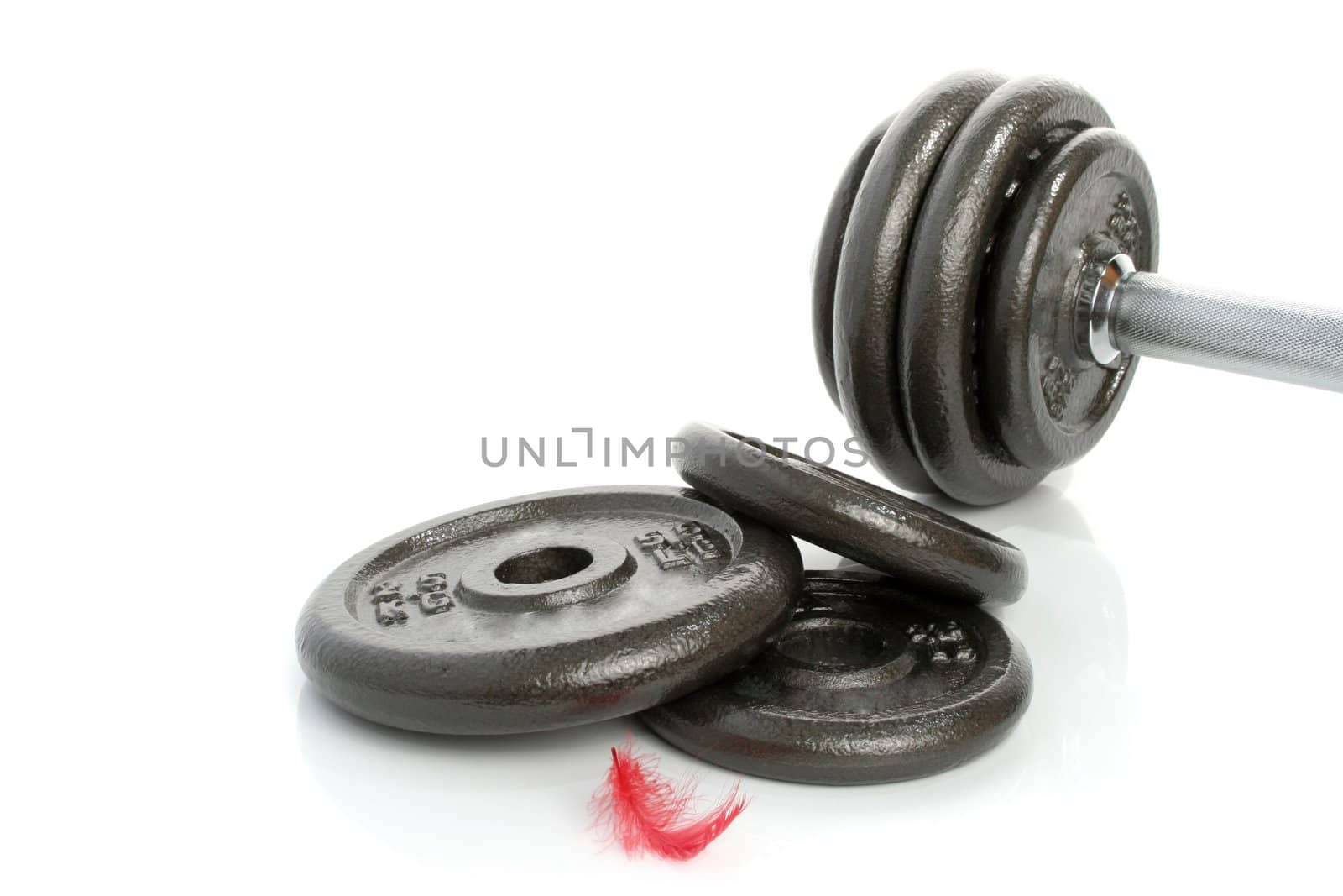 Iron dumbbells and feather  isolated on white 6