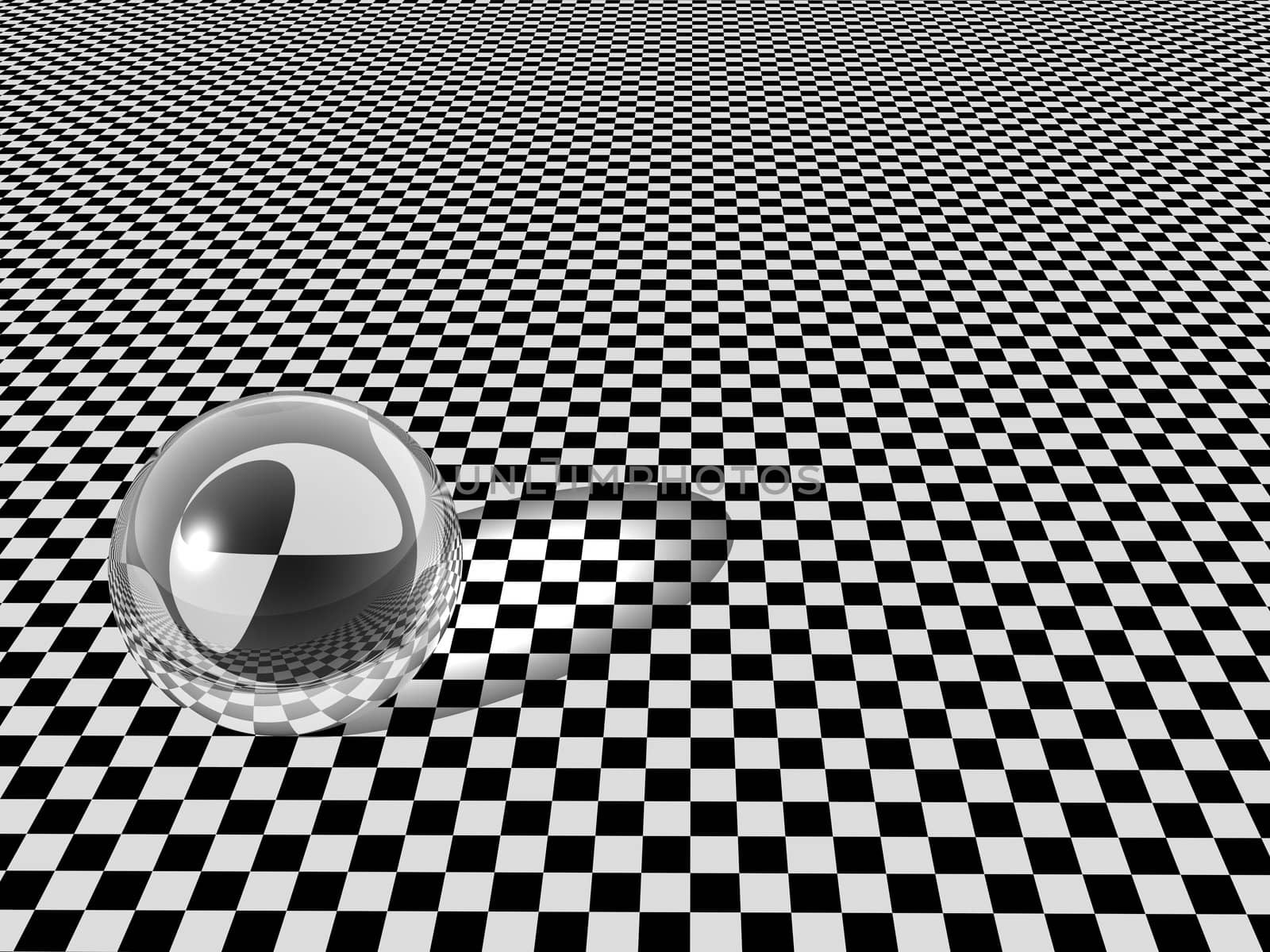 Clear glass ball on checkerboard background. High resolution 3D render image