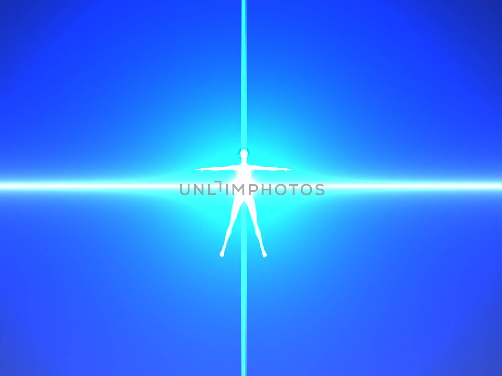 Abstract image of a human body in blue power rays. High resolution 3D background.