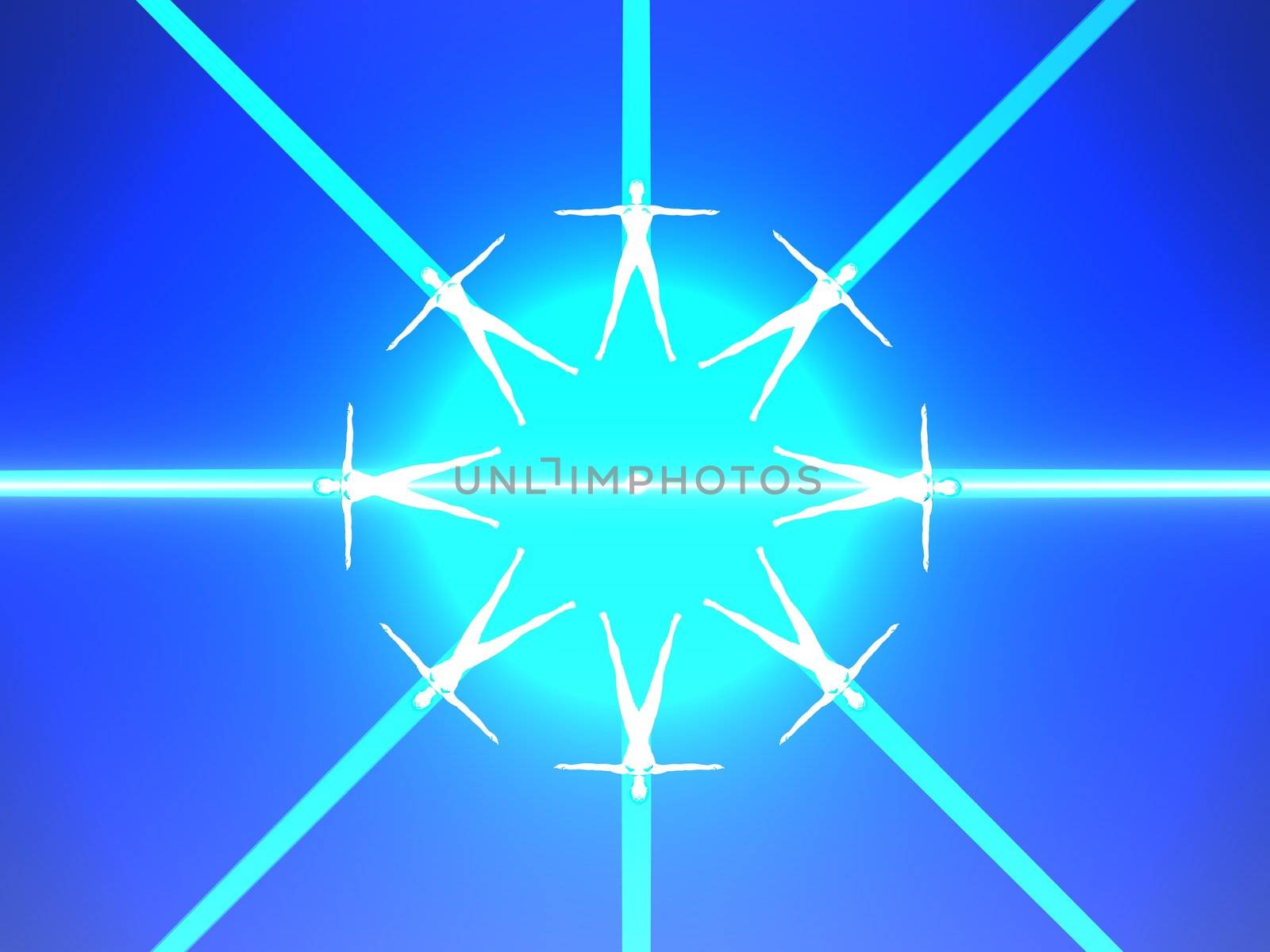 Abstract image of eight human body in blue power rays. High resolution 3D image.