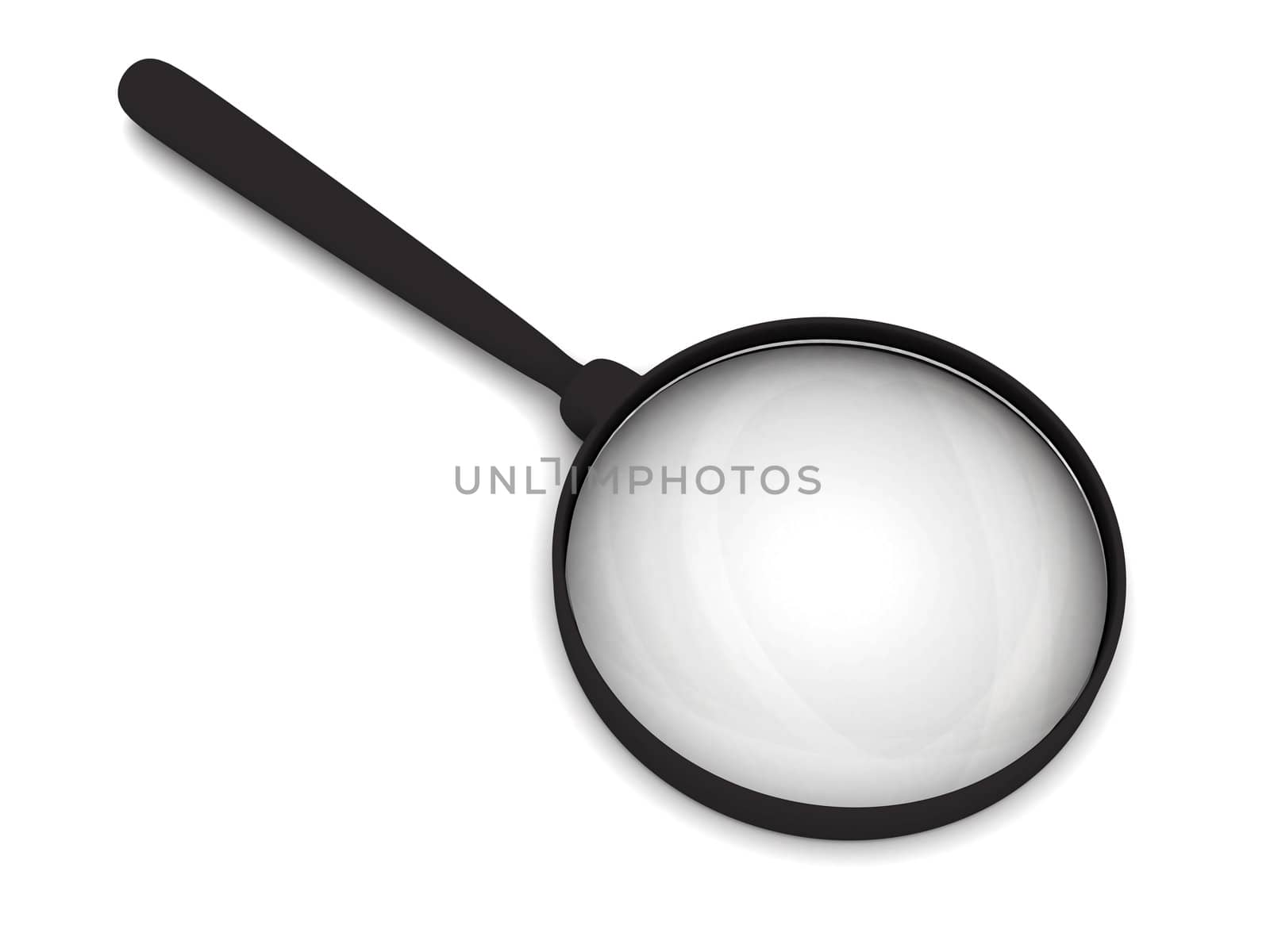 Magnifying glass with soft shadows on white. High resolution 3D image