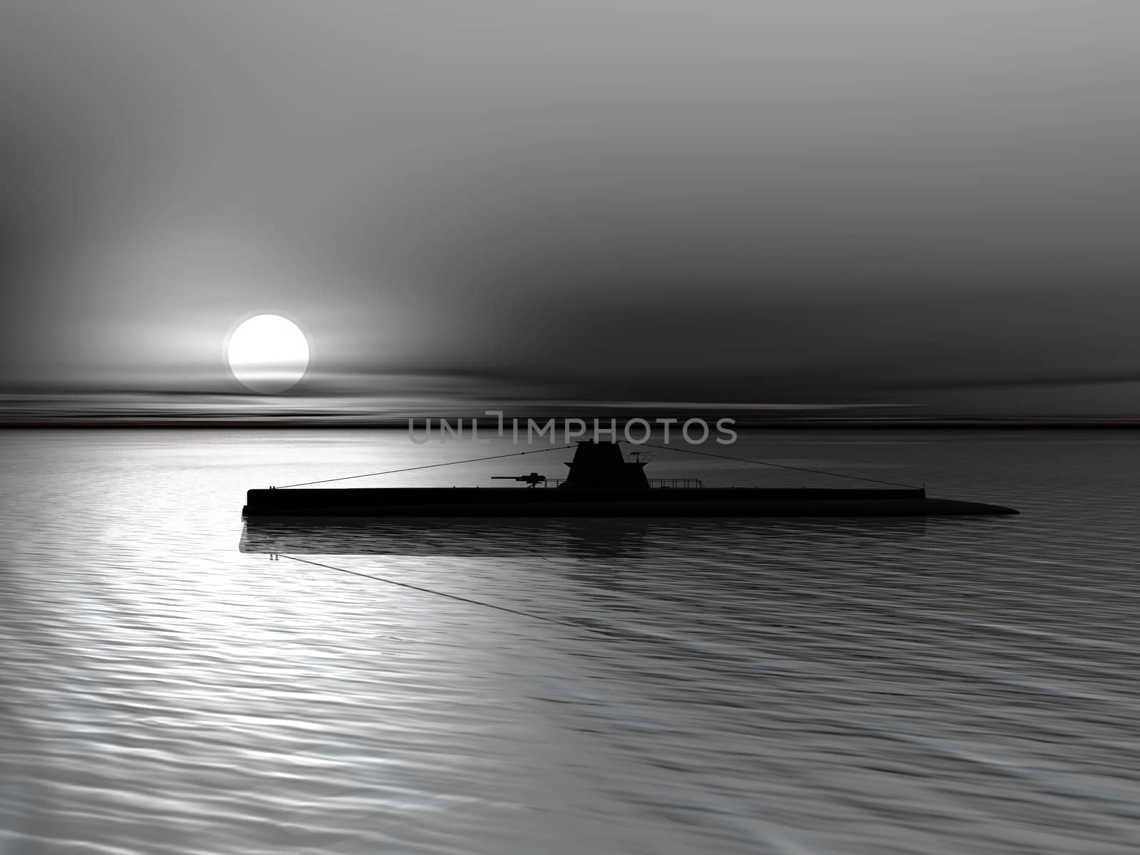 High resolution 3D render of submarine on a background of a sunset on the sea