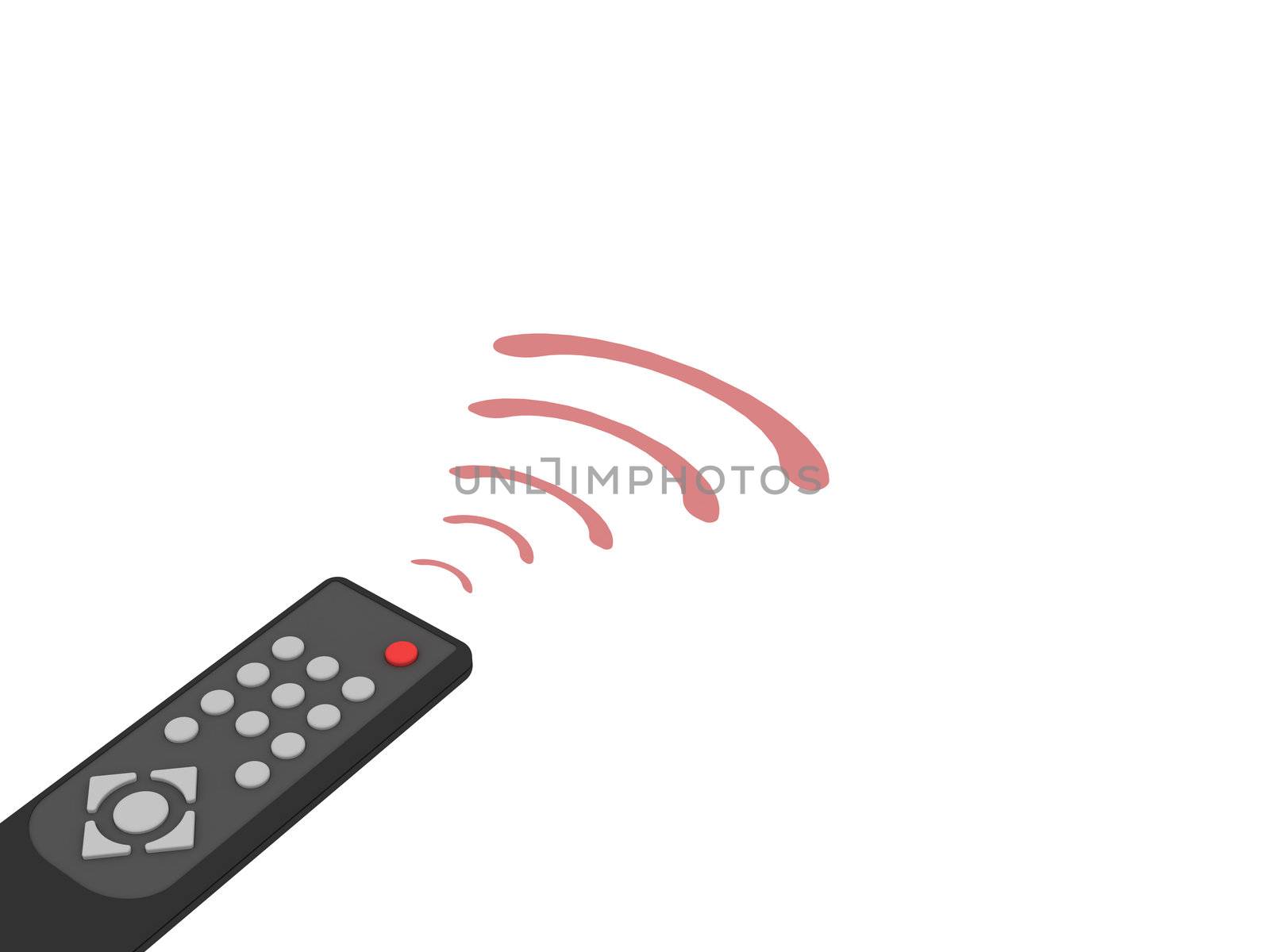 Universal remote control with red rays on white background. High resolution 3D image