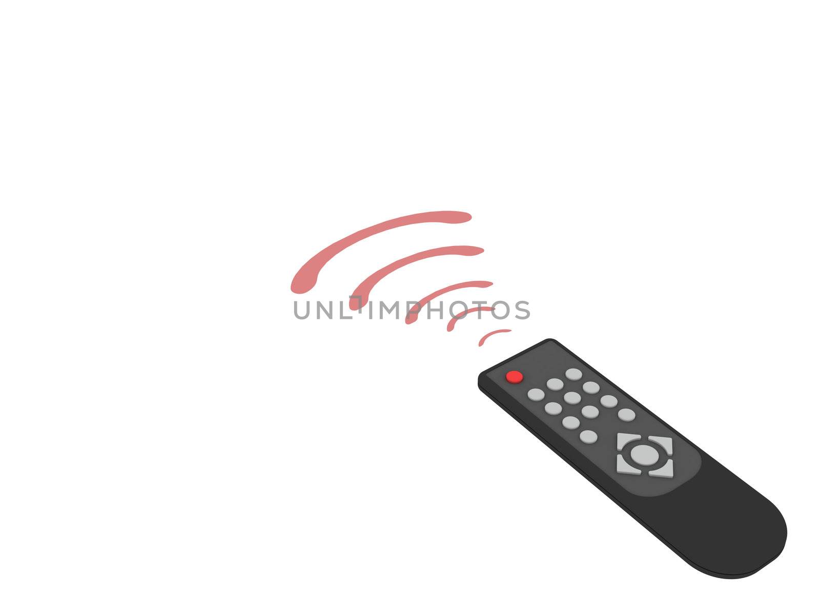Universal remote control with red rays on white background. High resolution 3D image