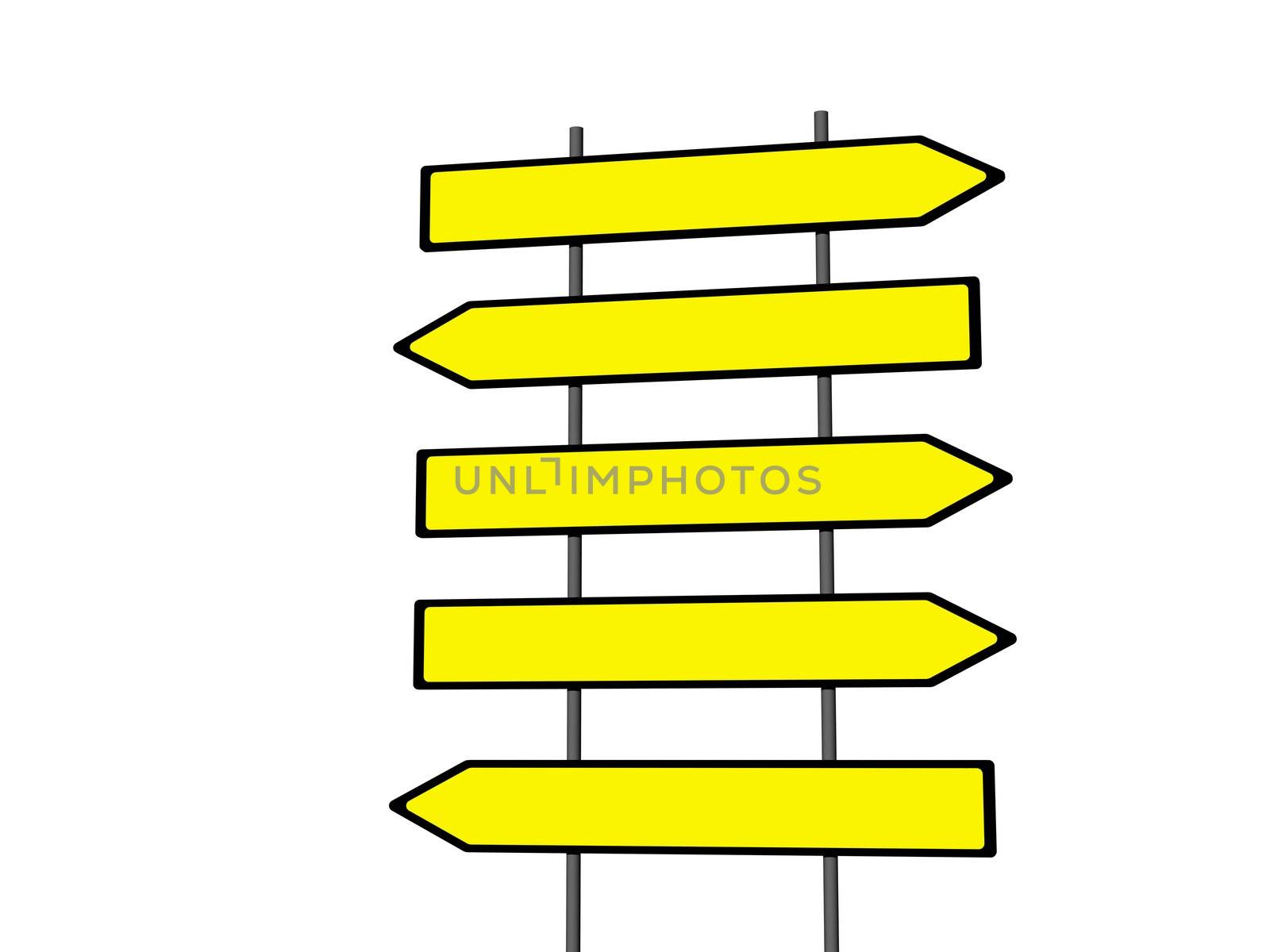 Five empty different directions signs isolated on a white background