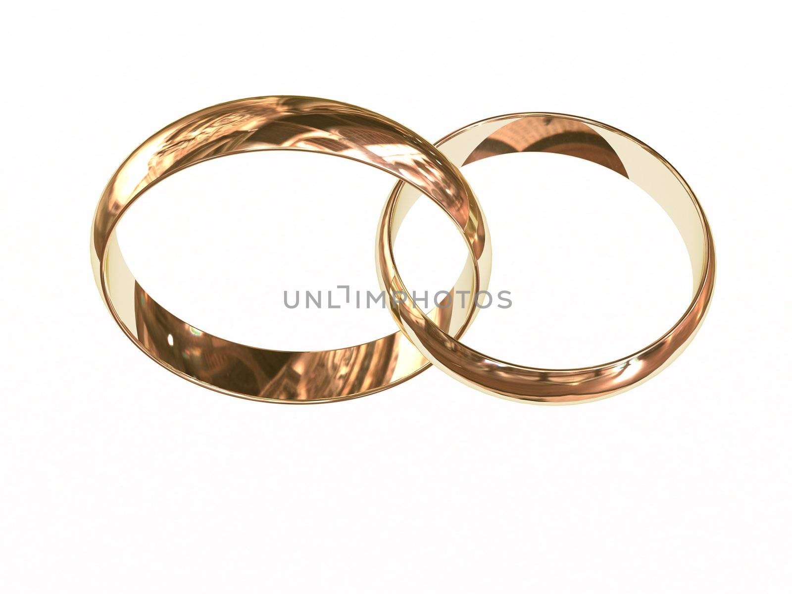 Two gold wedding rings on white chained together. High resolution 3D image.