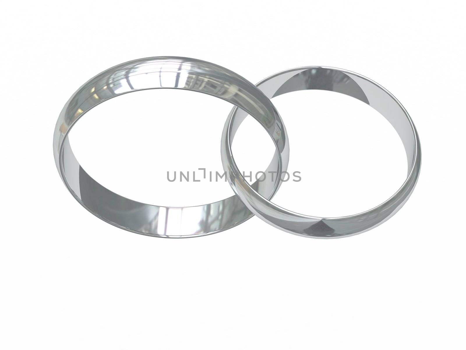 Two platinum or silver wedding rings on white chained together. High resolution 3D image.